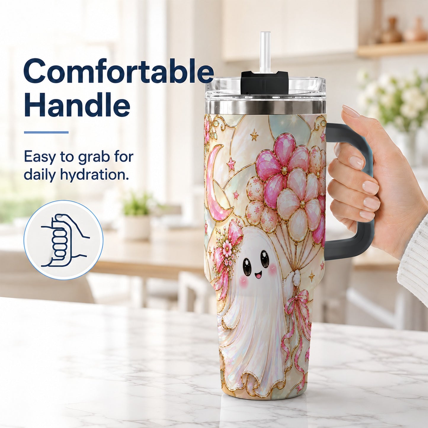 #pl[40oz|Black] Pink Floral Ghost 40oz Tumbler with Handle, Pastel Halloween Travel Cup