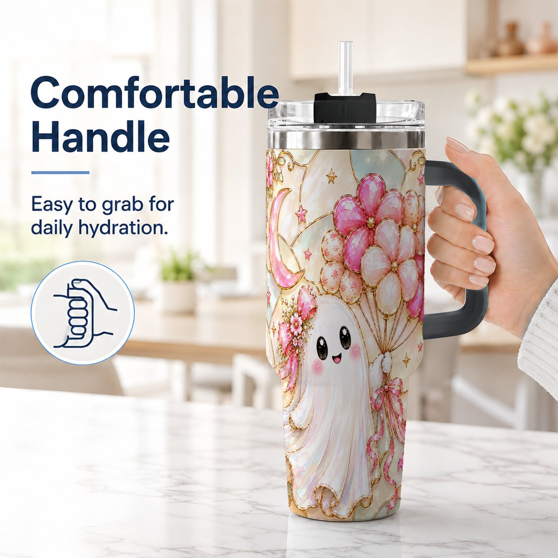 #pl[40oz|Black] Pink Floral Ghost 40oz Tumbler with Handle, Pastel Halloween Travel Cup