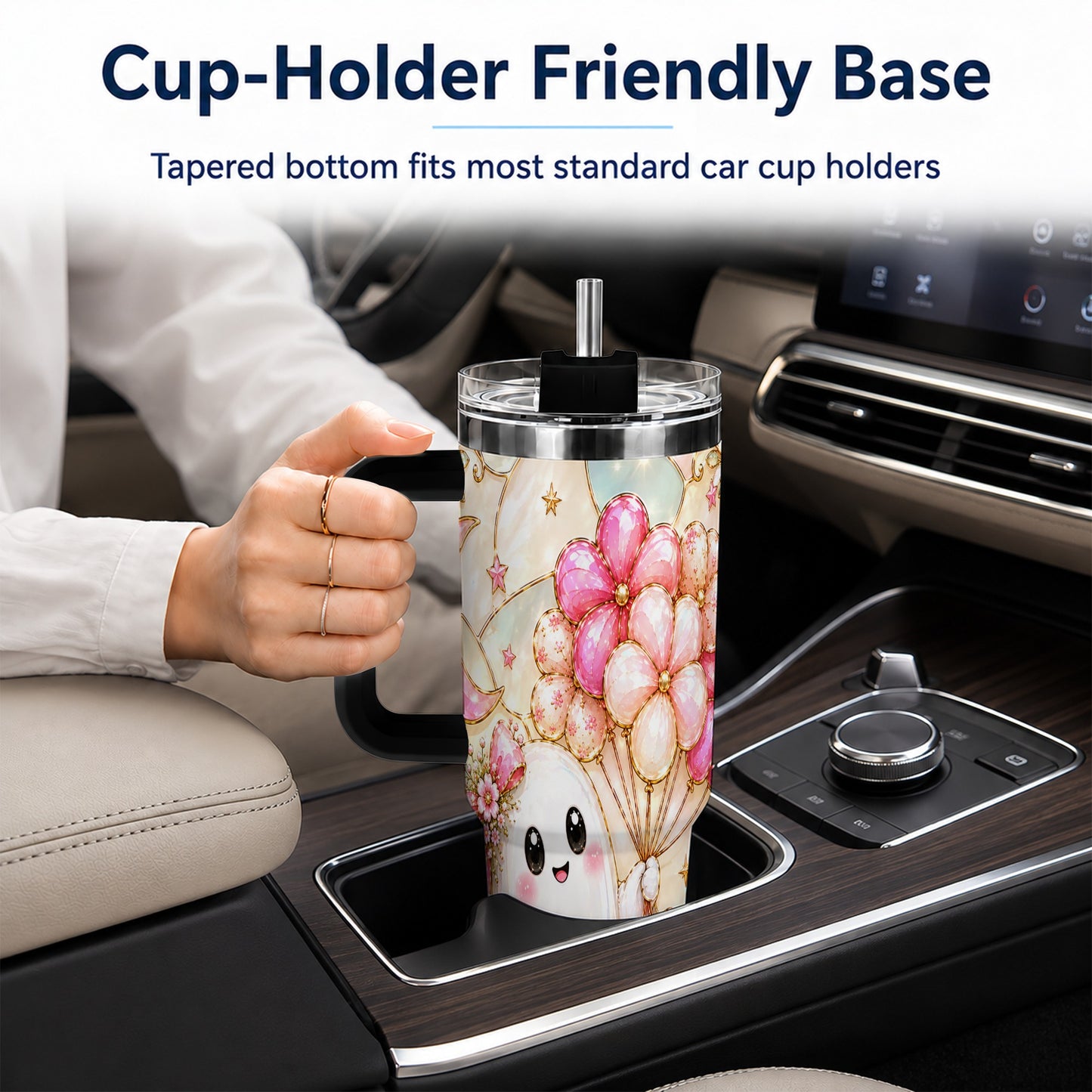 #pl[40oz|Black] Pink Floral Ghost 40oz Tumbler with Handle, Pastel Halloween Travel Cup