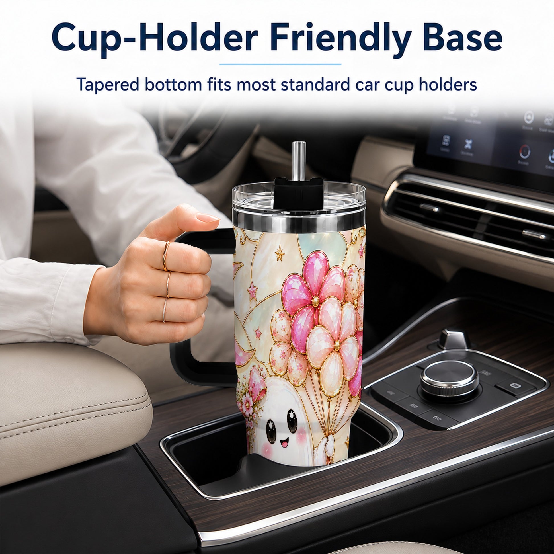 #pl[40oz|Black] Pink Floral Ghost 40oz Tumbler with Handle, Pastel Halloween Travel Cup
