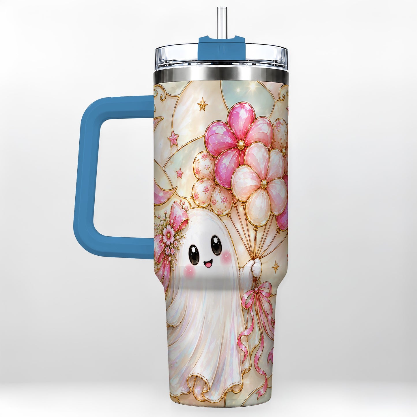#pl[40oz|Blue] Pink Floral Ghost 40oz Tumbler with Handle, Pastel Halloween Travel Cup