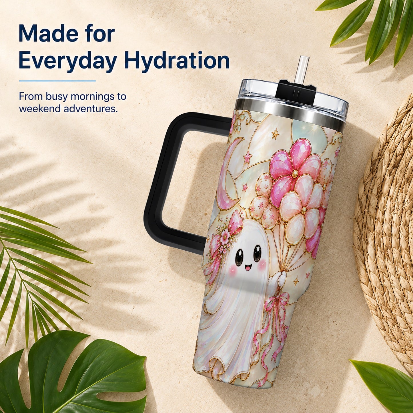 #pl[40oz|Black] Pink Floral Ghost 40oz Tumbler with Handle, Pastel Halloween Travel Cup