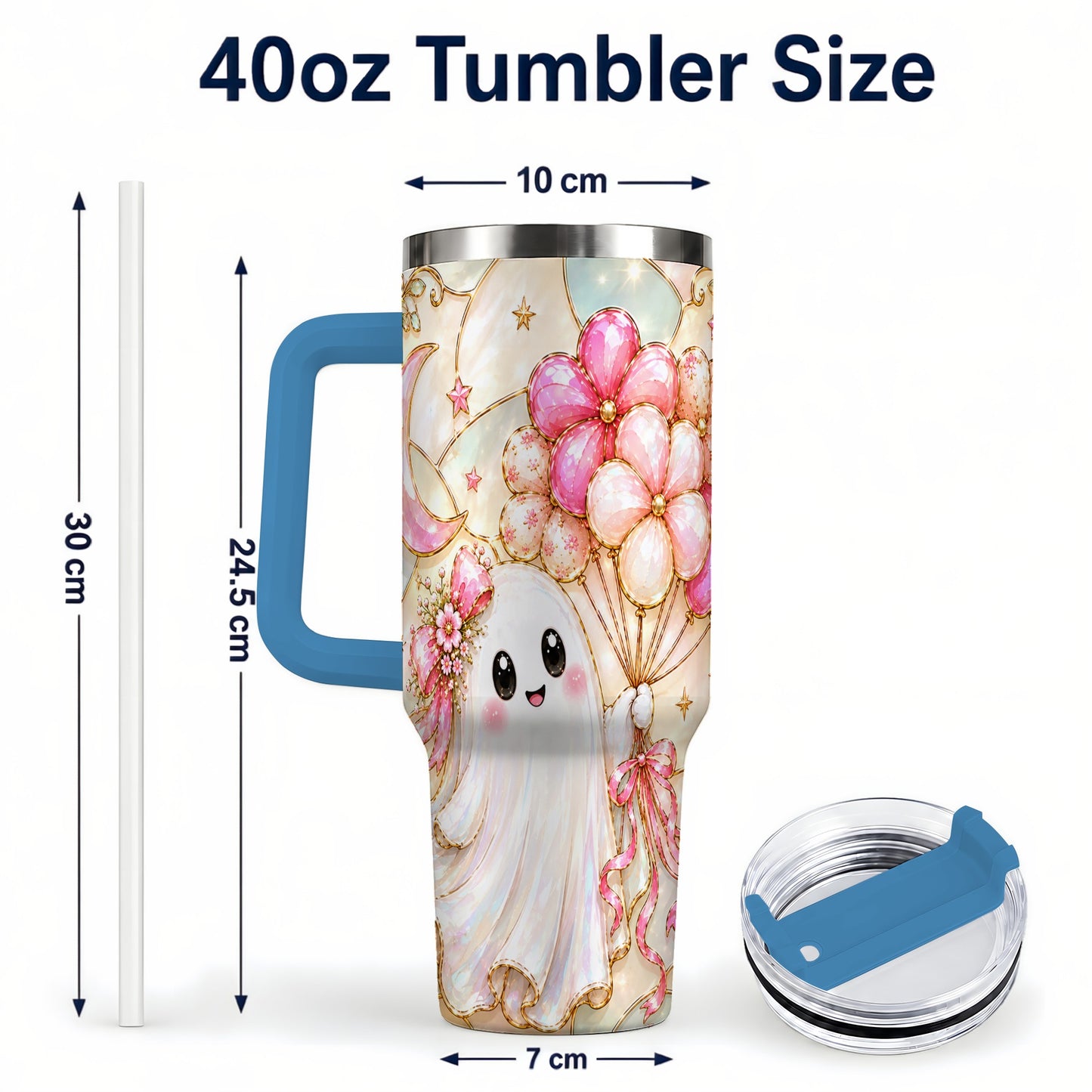#pl[40oz|Blue] Pink Floral Ghost 40oz Tumbler with Handle, Pastel Halloween Travel Cup
