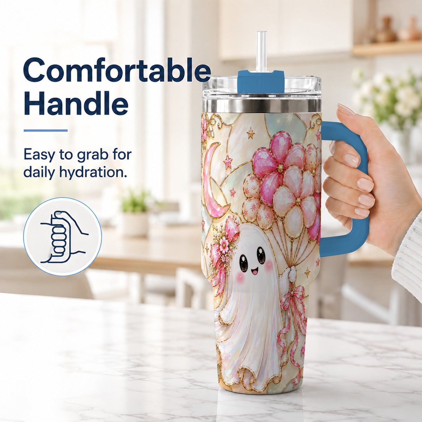 #pl[40oz|Blue] Pink Floral Ghost 40oz Tumbler with Handle, Pastel Halloween Travel Cup