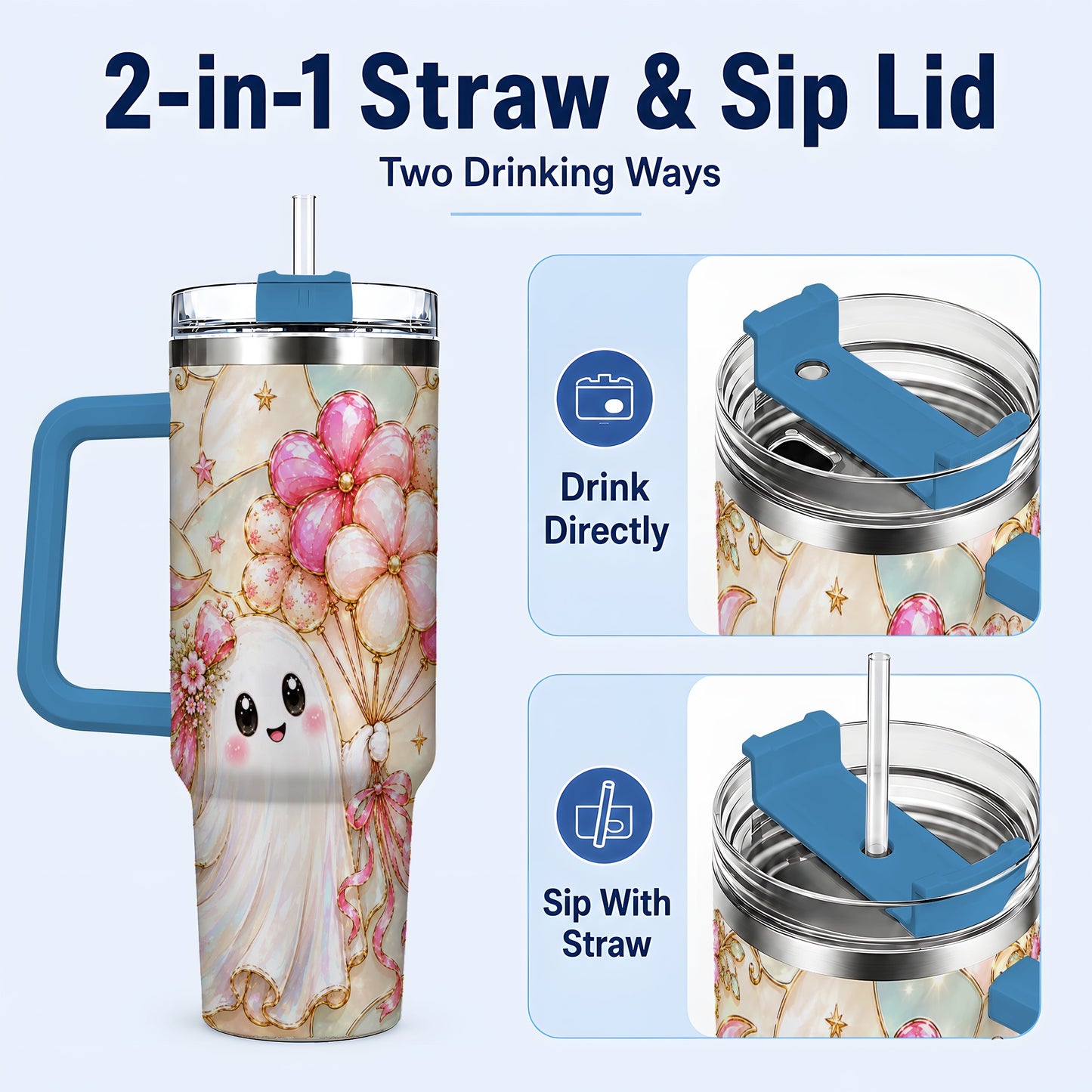 #pl[40oz|Blue] Pink Floral Ghost 40oz Tumbler with Handle, Pastel Halloween Travel Cup