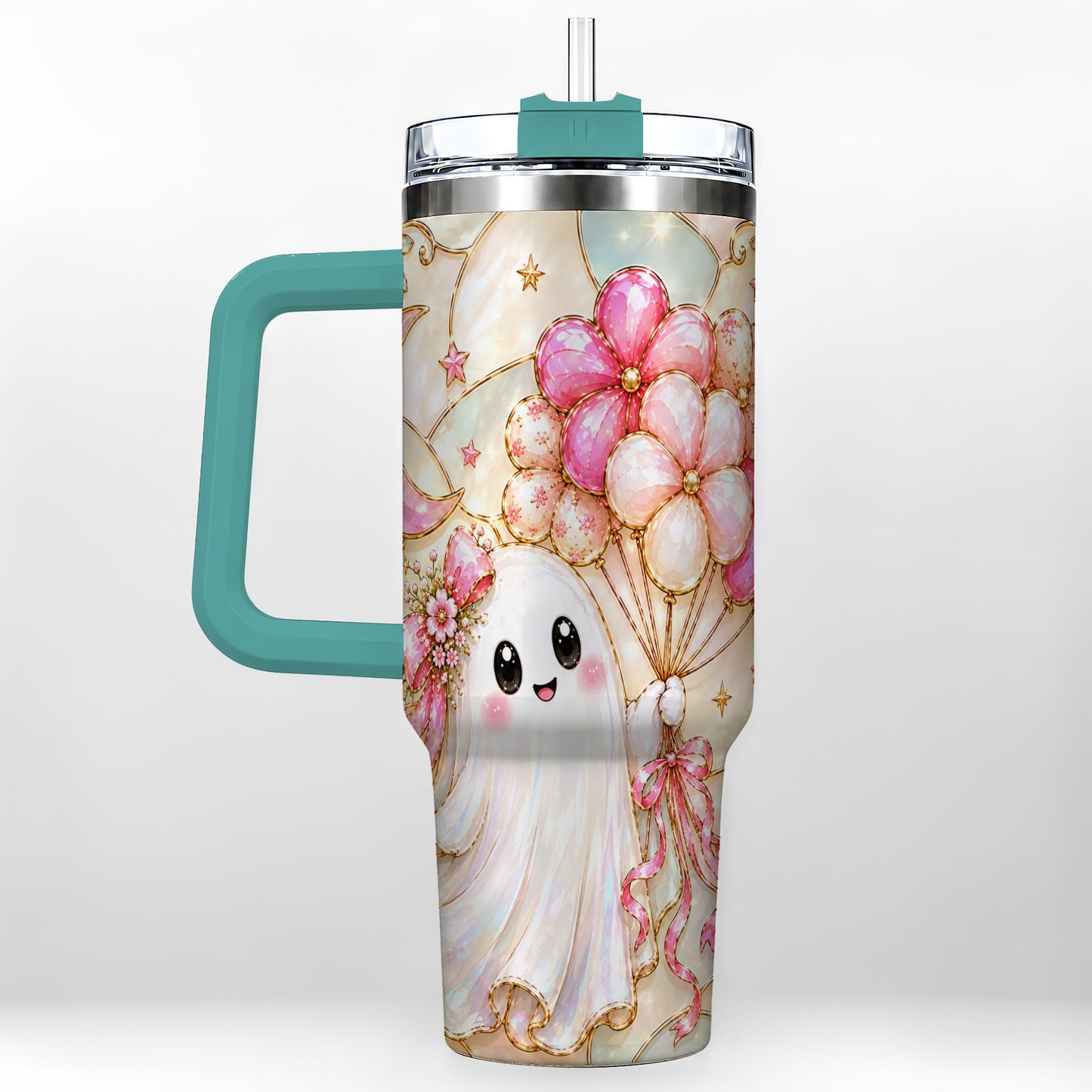 #pl[40oz|Green] Pink Floral Ghost 40oz Tumbler with Handle, Pastel Halloween Travel Cup