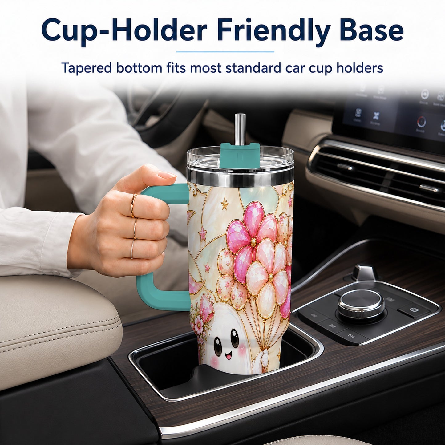 #pl[40oz|Green] Pink Floral Ghost 40oz Tumbler with Handle, Pastel Halloween Travel Cup