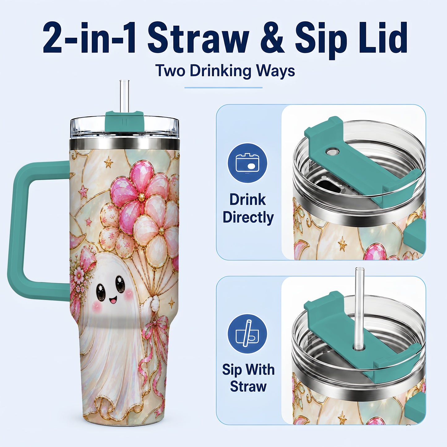 #pl[40oz|Green] Pink Floral Ghost 40oz Tumbler with Handle, Pastel Halloween Travel Cup