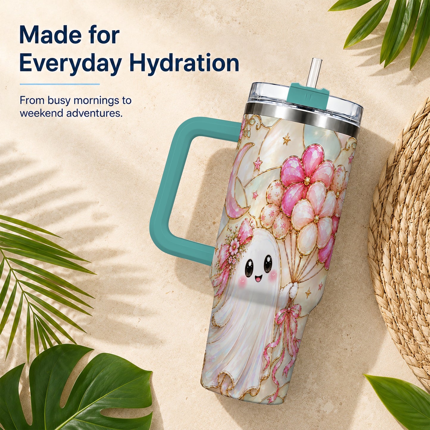 #pl[40oz|Green] Pink Floral Ghost 40oz Tumbler with Handle, Pastel Halloween Travel Cup