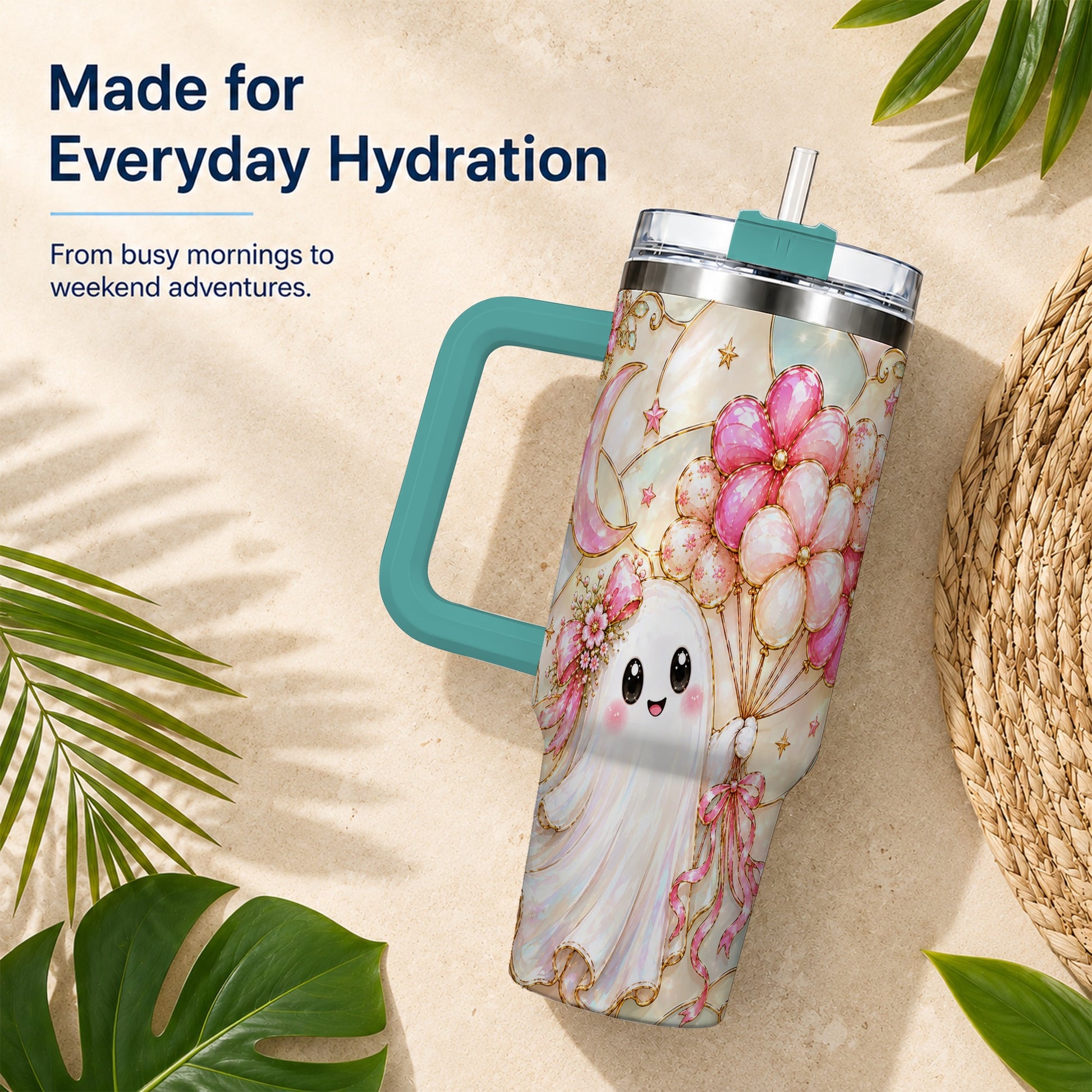 #pl[40oz|Green] Pink Floral Ghost 40oz Tumbler with Handle, Pastel Halloween Travel Cup