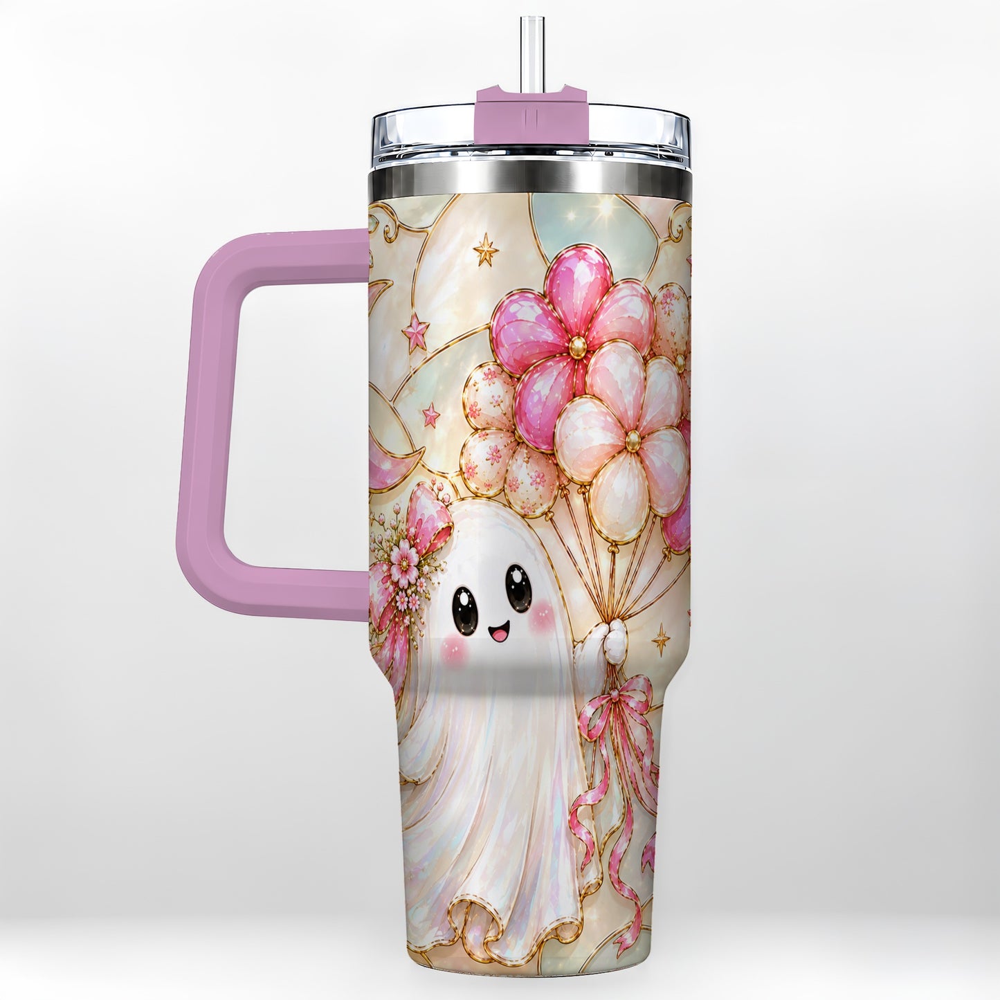 #pl[40oz|Pink] Pink Floral Ghost 40oz Tumbler with Handle, Pastel Halloween Travel Cup