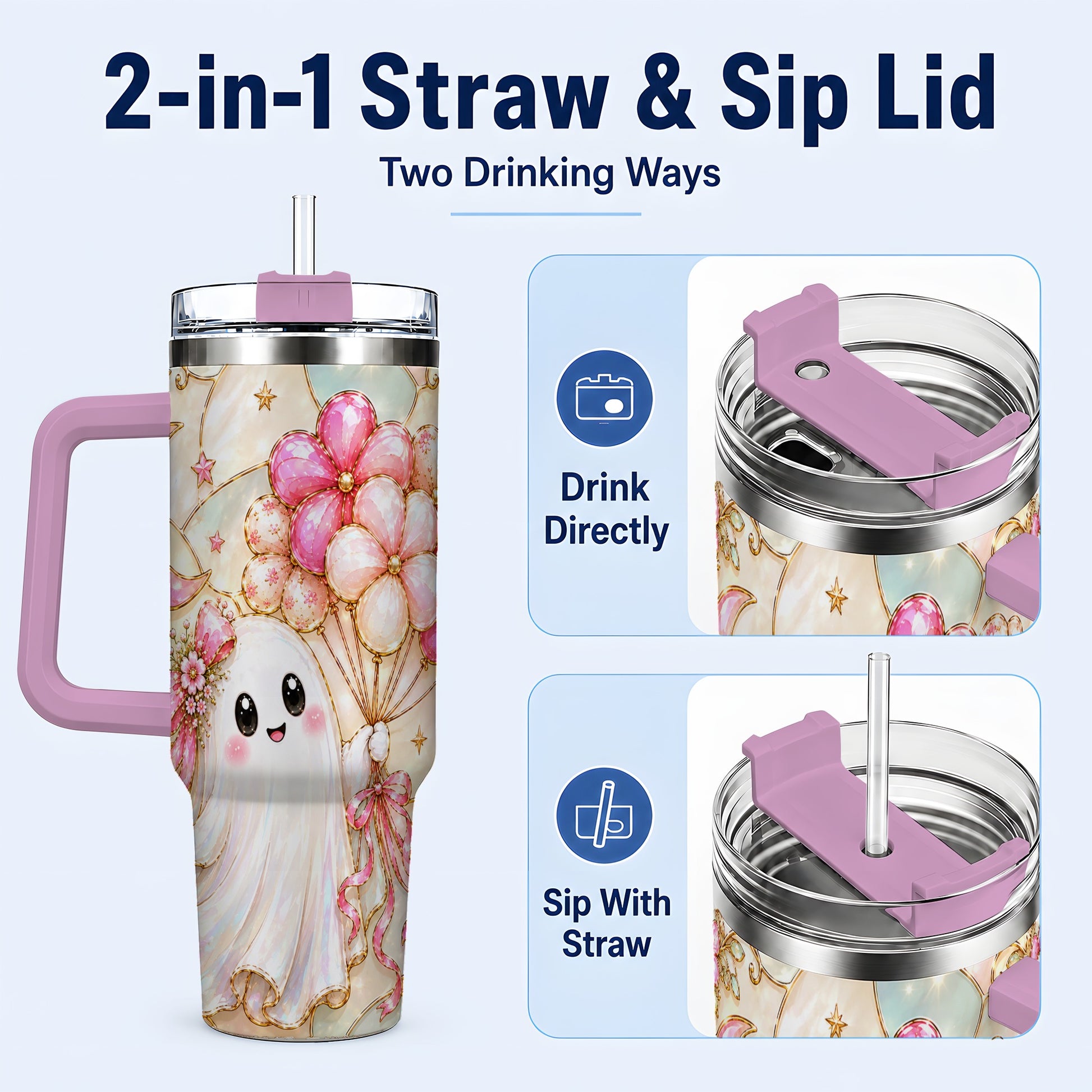 #pl[40oz|Pink] Pink Floral Ghost 40oz Tumbler with Handle, Pastel Halloween Travel Cup