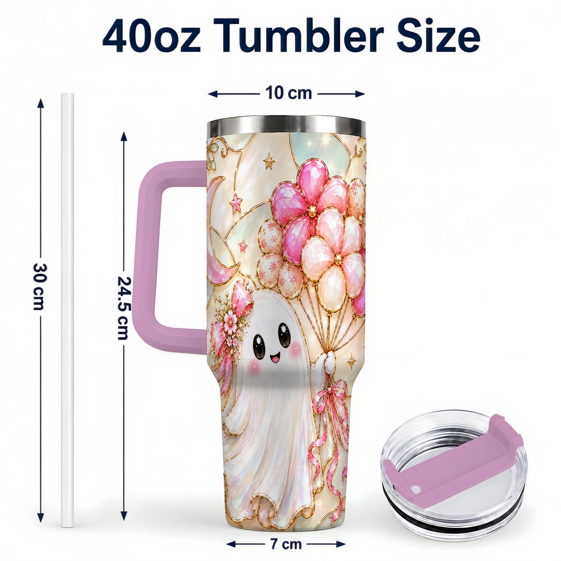 #pl[40oz|Pink] Pink Floral Ghost 40oz Tumbler with Handle, Pastel Halloween Travel Cup
