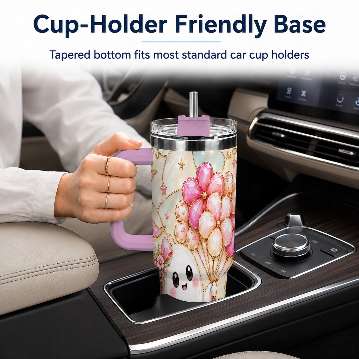 #pl[40oz|Pink] Pink Floral Ghost 40oz Tumbler with Handle, Pastel Halloween Travel Cup