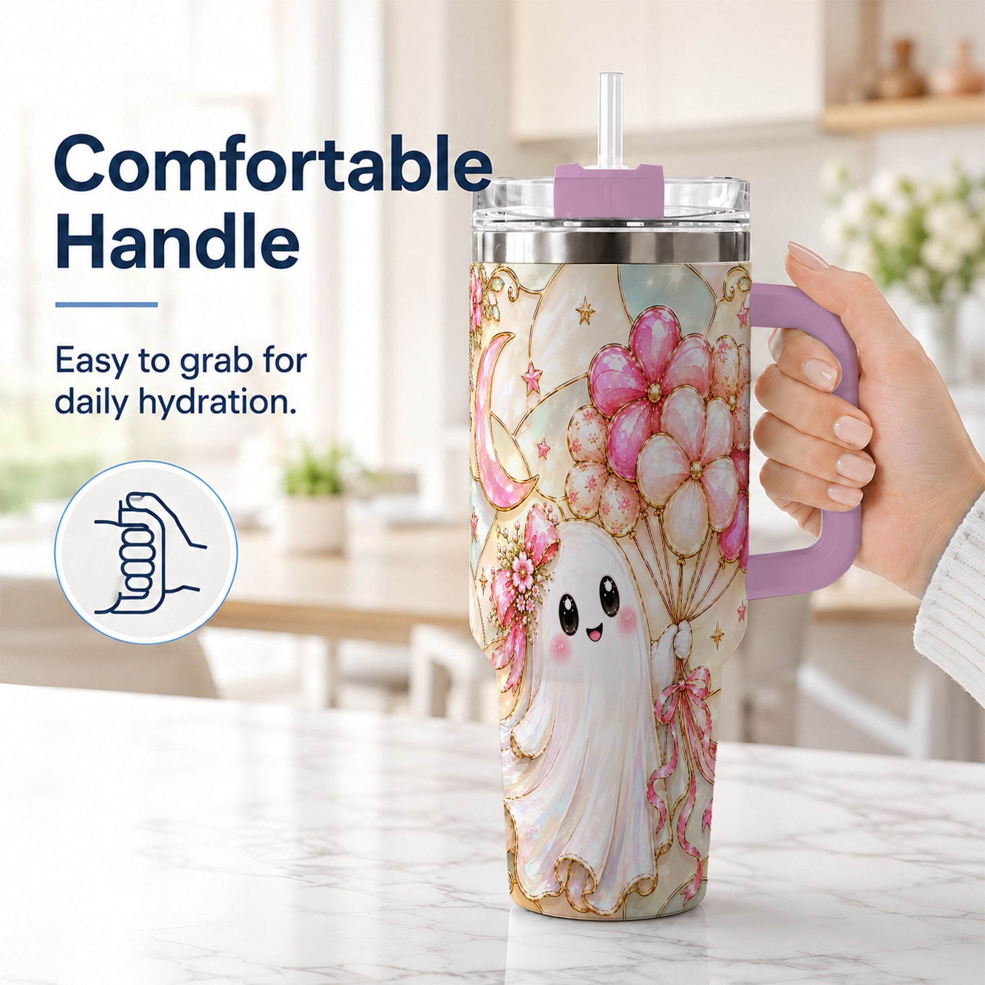 #pl[40oz|Pink] Pink Floral Ghost 40oz Tumbler with Handle, Pastel Halloween Travel Cup
