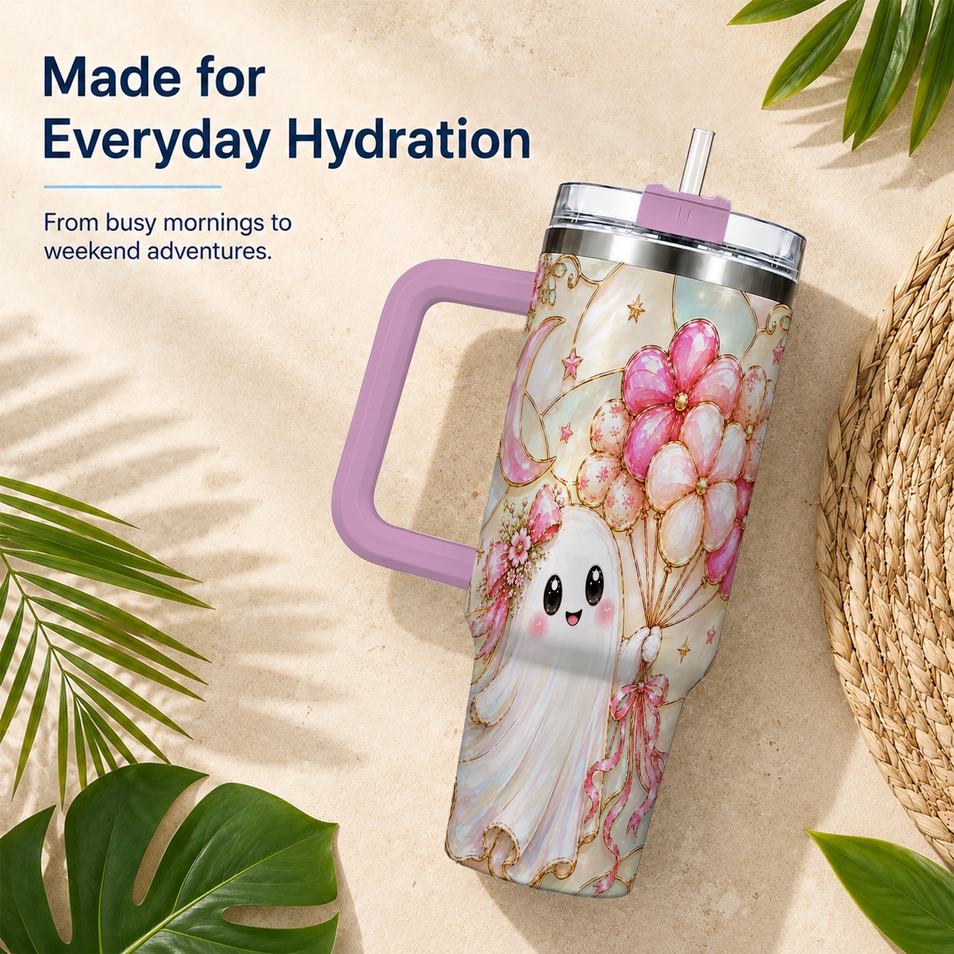 #pl[40oz|Pink] Pink Floral Ghost 40oz Tumbler with Handle, Pastel Halloween Travel Cup
