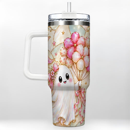 #pl[40oz|White] Pink Floral Ghost 40oz Tumbler with Handle, Pastel Halloween Travel Cup