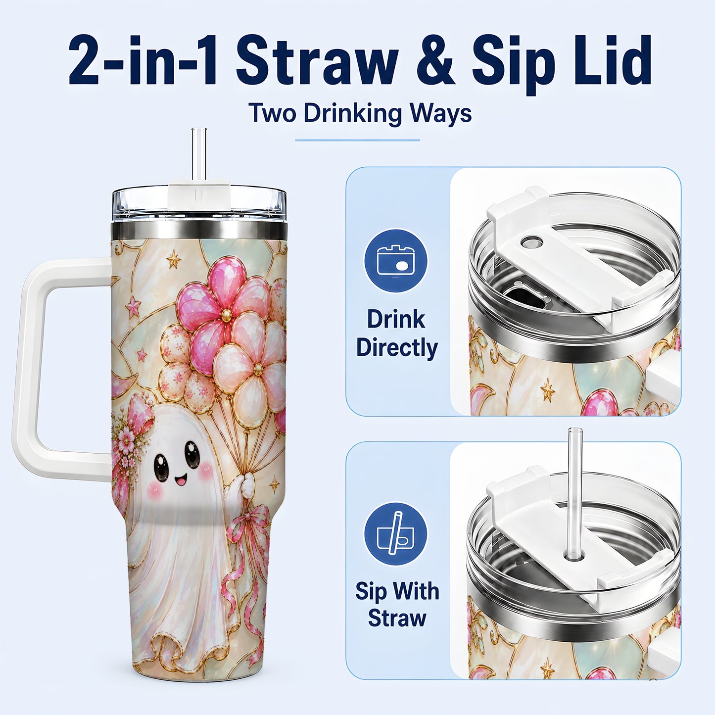 #pl[40oz|White] Pink Floral Ghost 40oz Tumbler with Handle, Pastel Halloween Travel Cup
