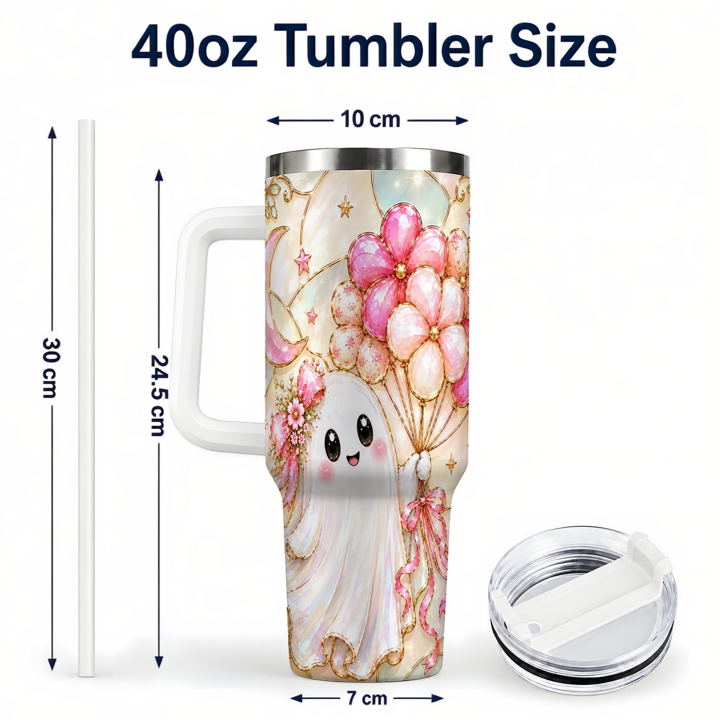 #pl[40oz|White] Pink Floral Ghost 40oz Tumbler with Handle, Pastel Halloween Travel Cup
