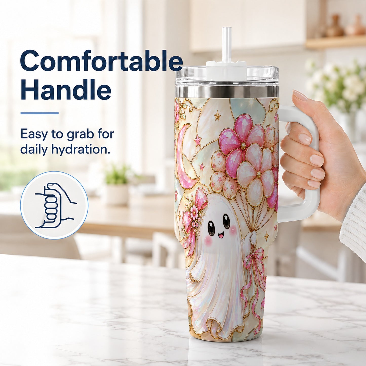 #pl[40oz|White] Pink Floral Ghost 40oz Tumbler with Handle, Pastel Halloween Travel Cup