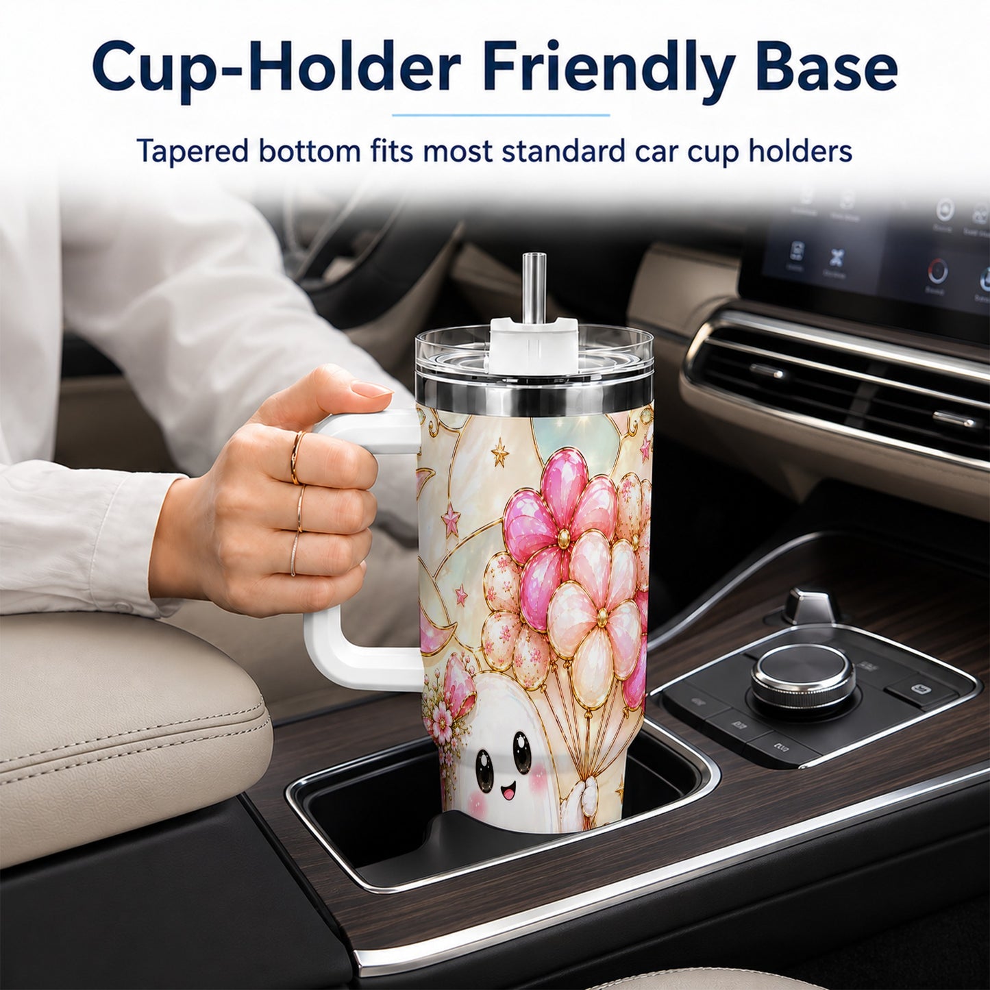 #pl[40oz|White] Pink Floral Ghost 40oz Tumbler with Handle, Pastel Halloween Travel Cup