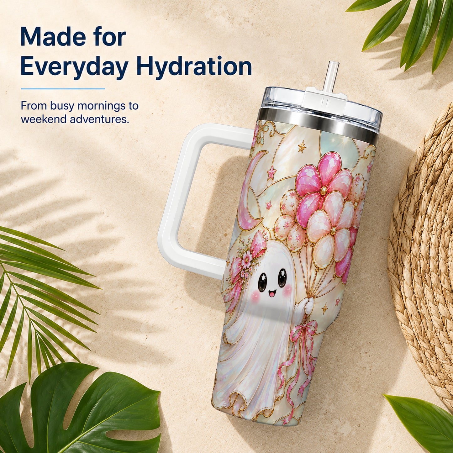 #pl[40oz|White] Pink Floral Ghost 40oz Tumbler with Handle, Pastel Halloween Travel Cup