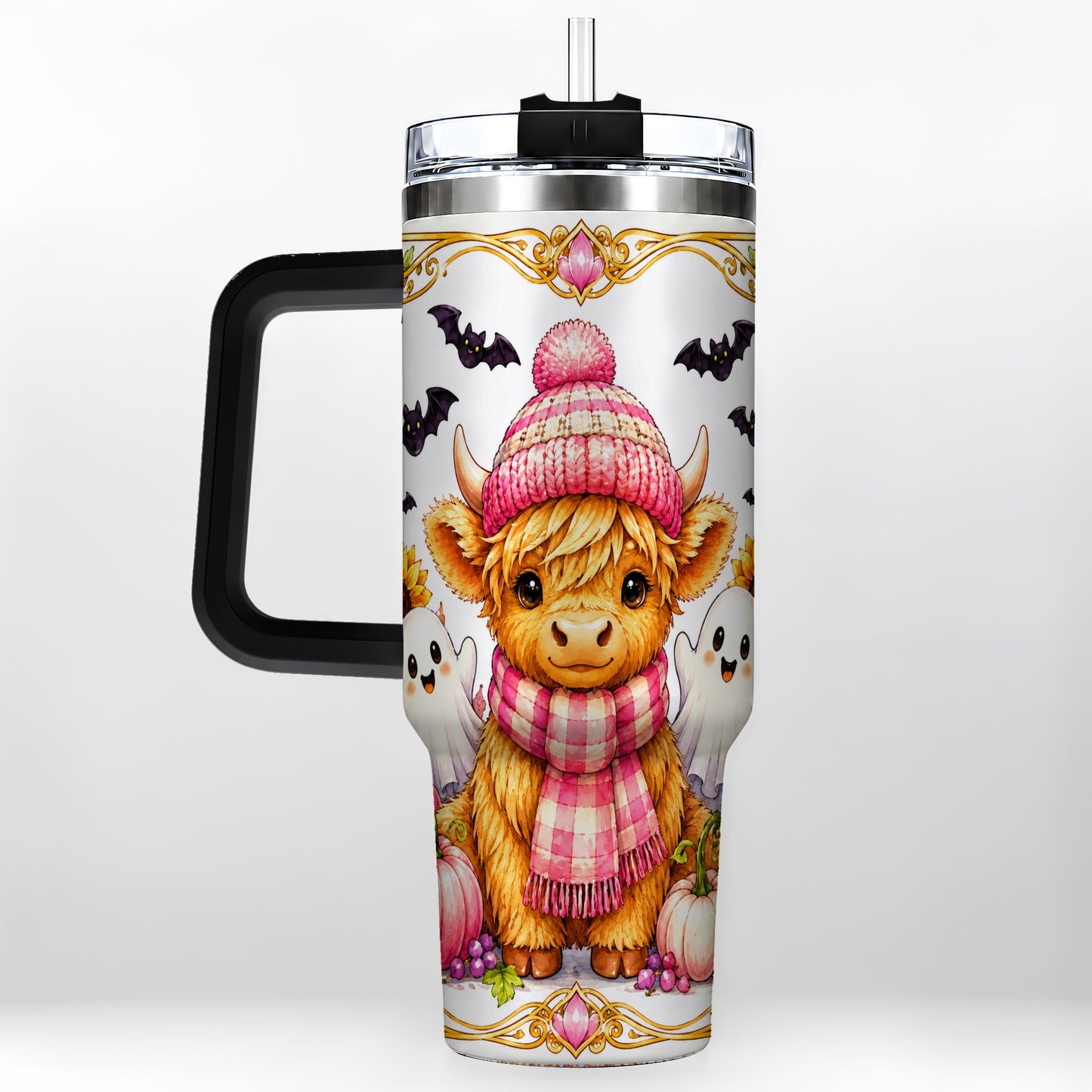 #pl[40oz|Black] Cute Highland Cow Ghost 40oz Tumbler with Handle, Pink Pumpkin Travel Cup