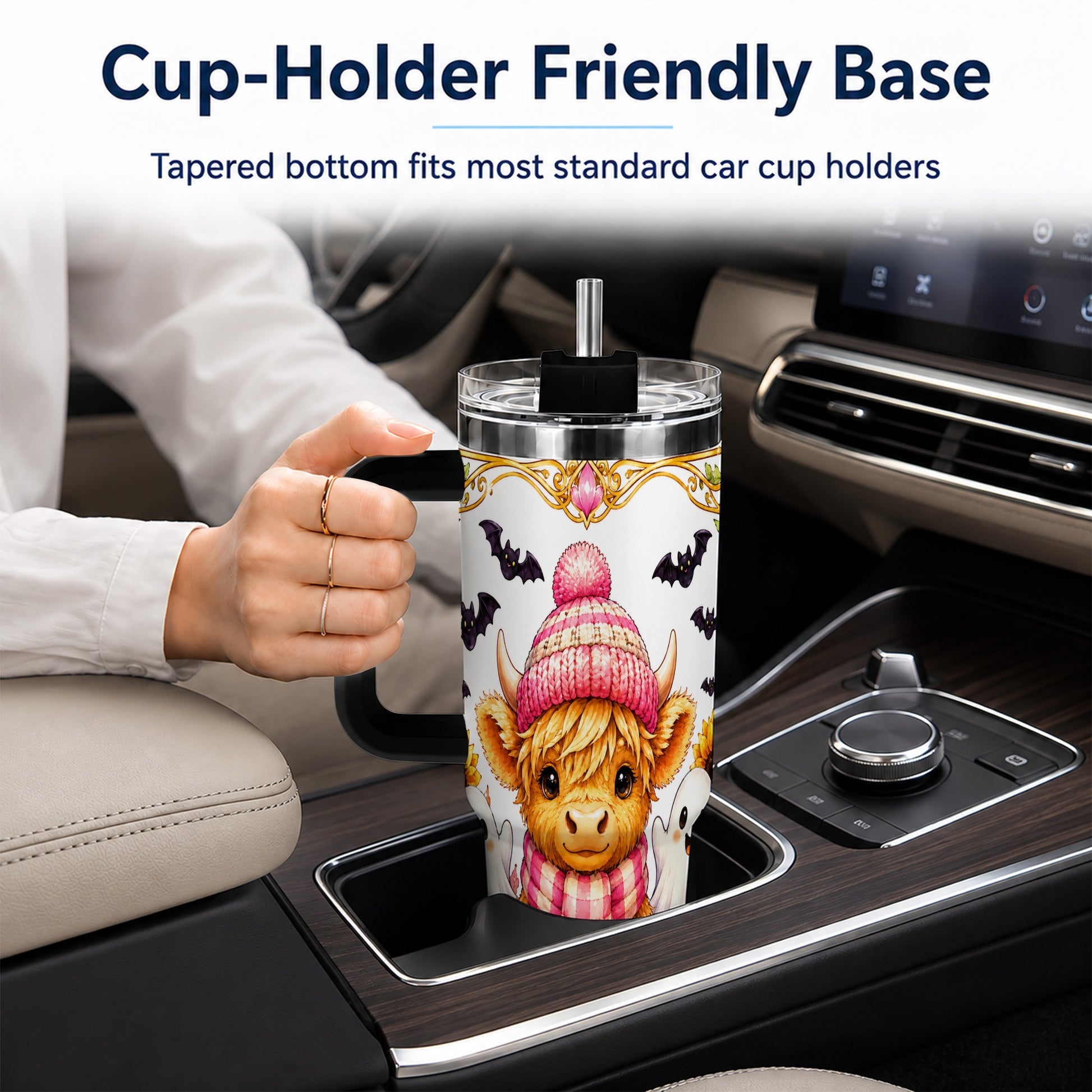 #pl[40oz|Black] Cute Highland Cow Ghost 40oz Tumbler with Handle, Pink Pumpkin Travel Cup