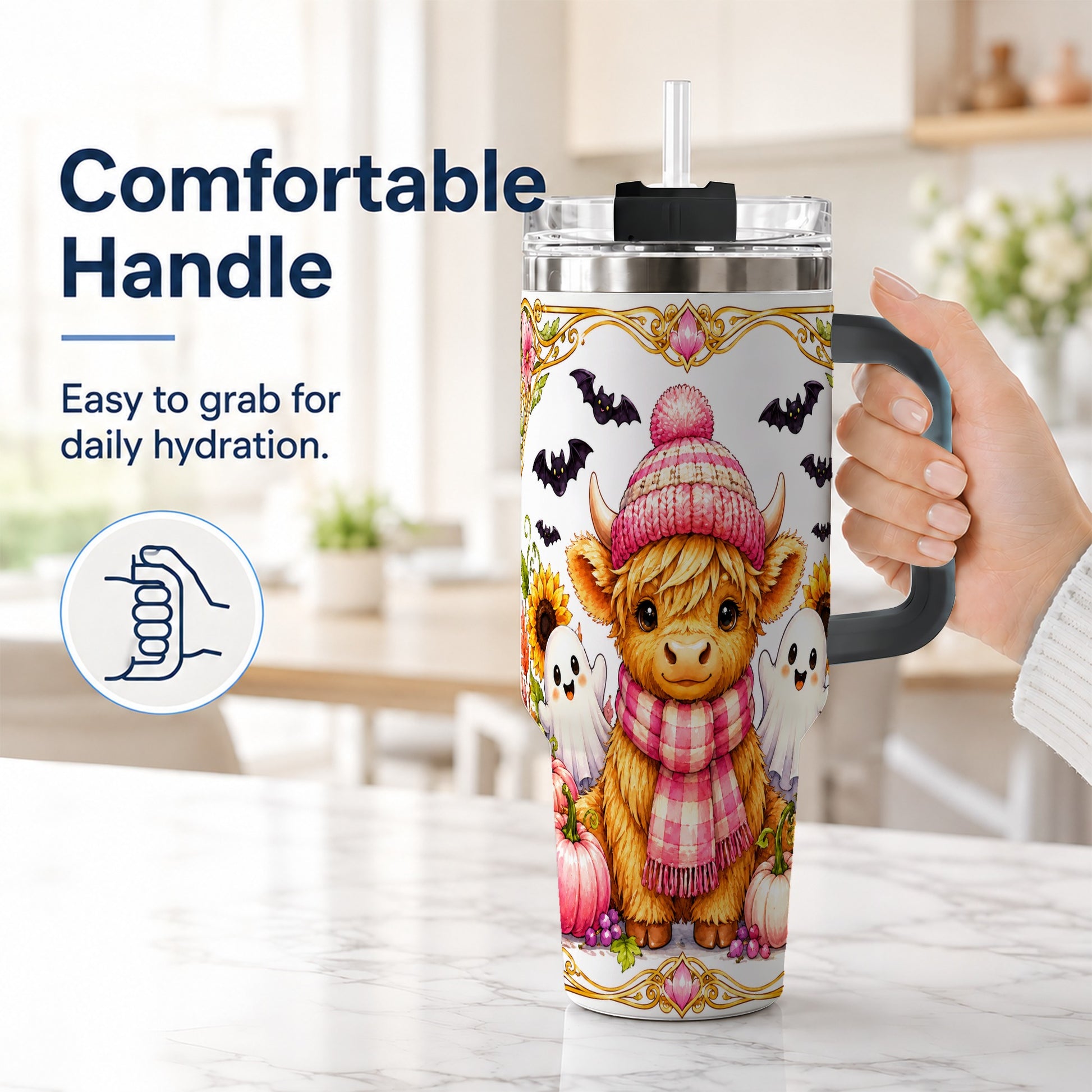 #pl[40oz|Black] Cute Highland Cow Ghost 40oz Tumbler with Handle, Pink Pumpkin Travel Cup