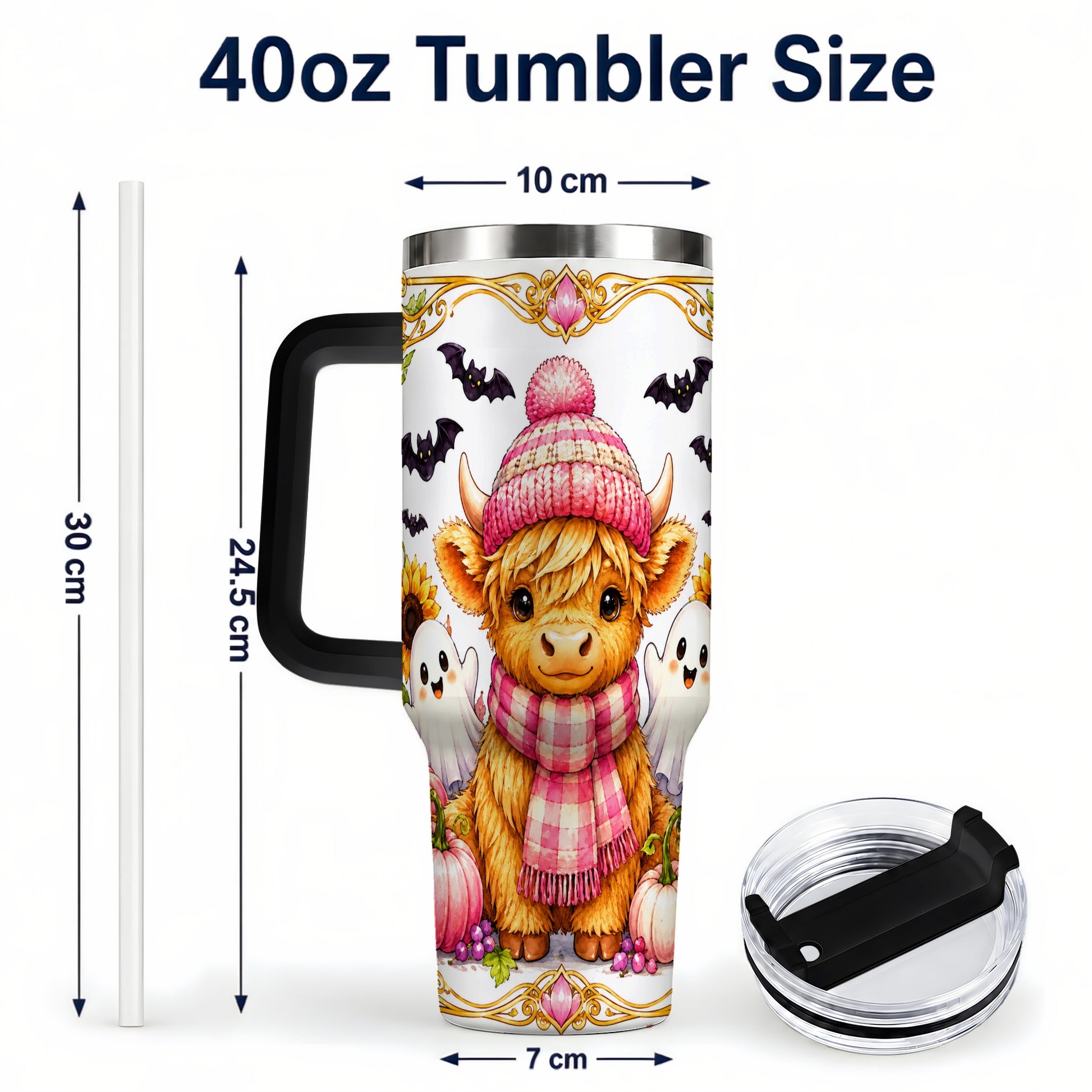 #pl[40oz|Black] Cute Highland Cow Ghost 40oz Tumbler with Handle, Pink Pumpkin Travel Cup