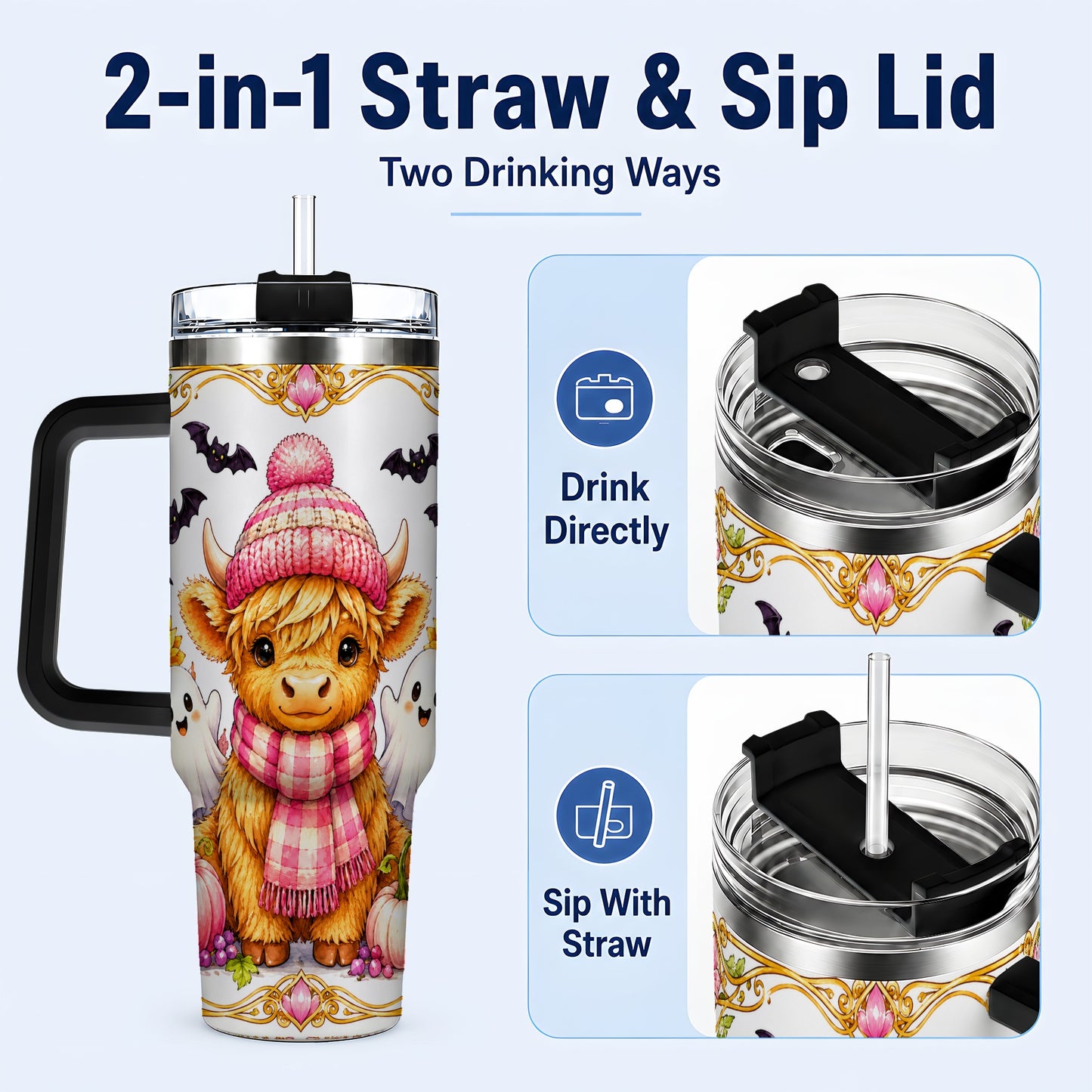 #pl[40oz|Black] Cute Highland Cow Ghost 40oz Tumbler with Handle, Pink Pumpkin Travel Cup
