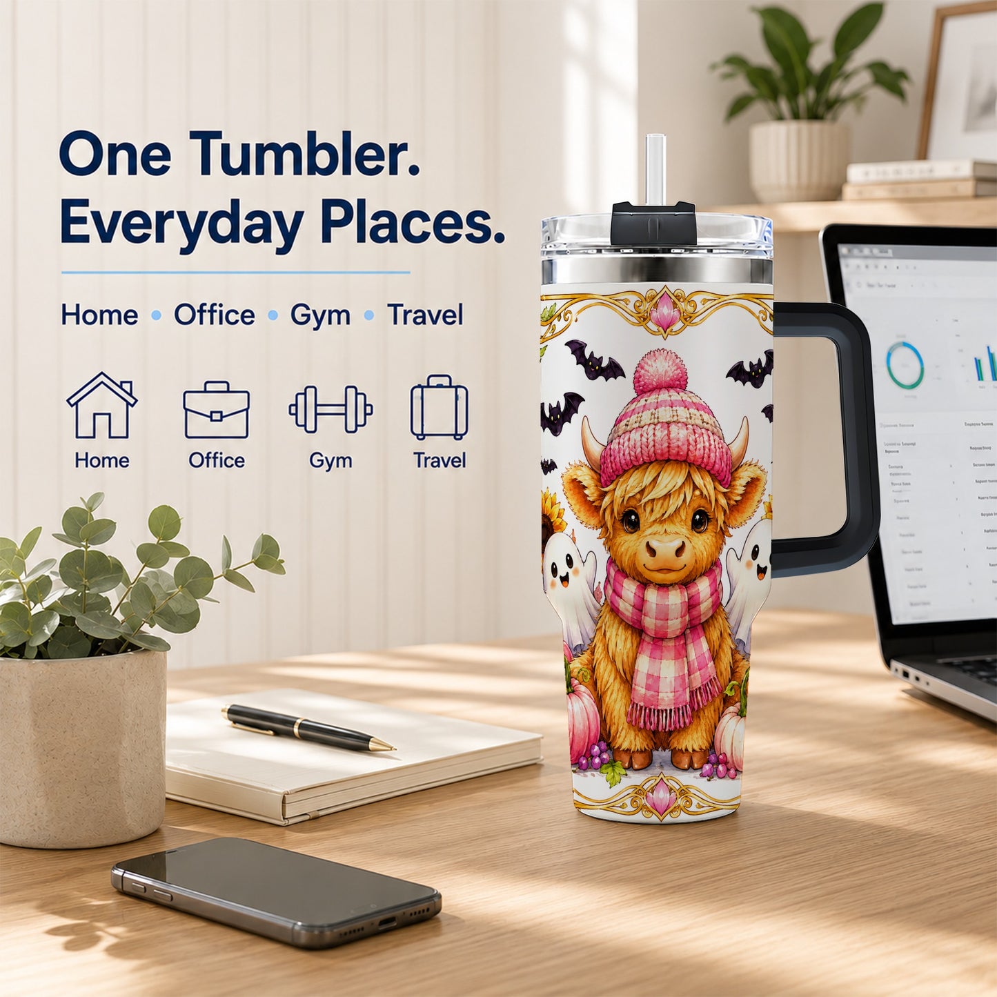 #pl[40oz|Black] Cute Highland Cow Ghost 40oz Tumbler with Handle, Pink Pumpkin Travel Cup