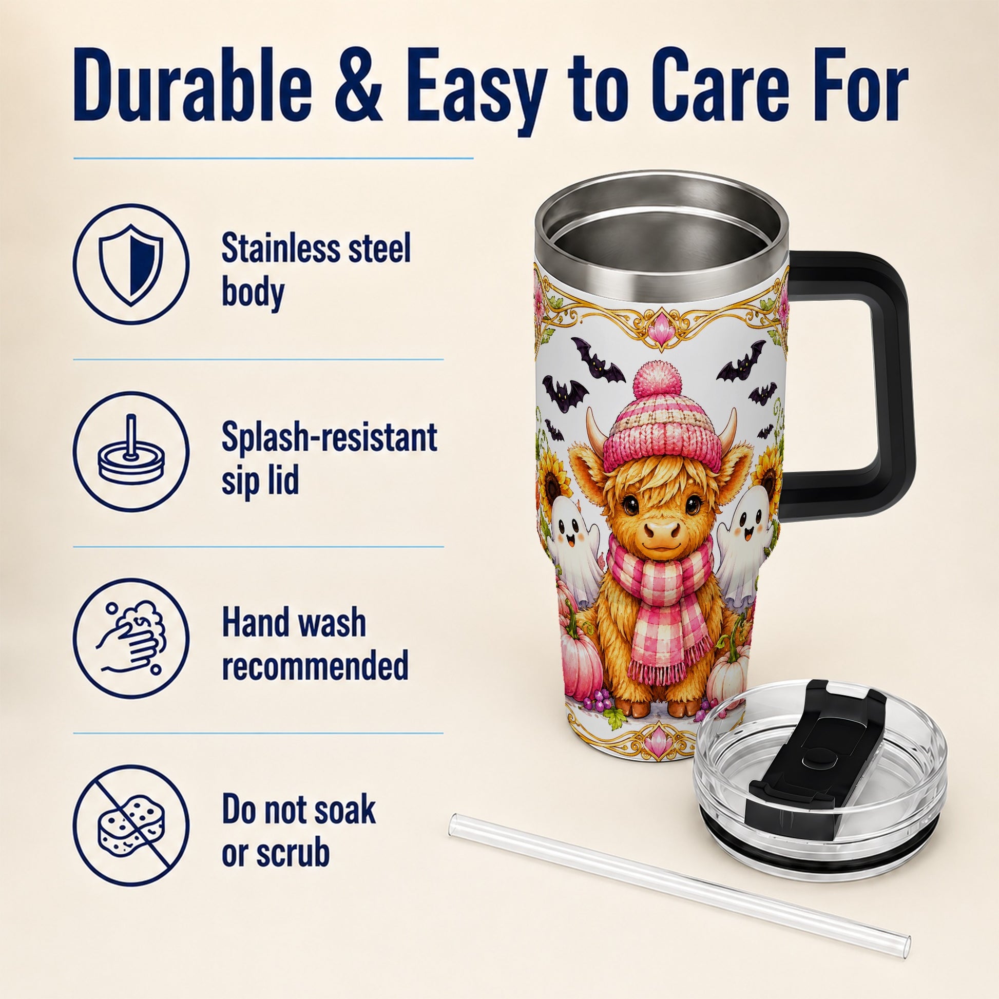 #pl[40oz|Black] Cute Highland Cow Ghost 40oz Tumbler with Handle, Pink Pumpkin Travel Cup