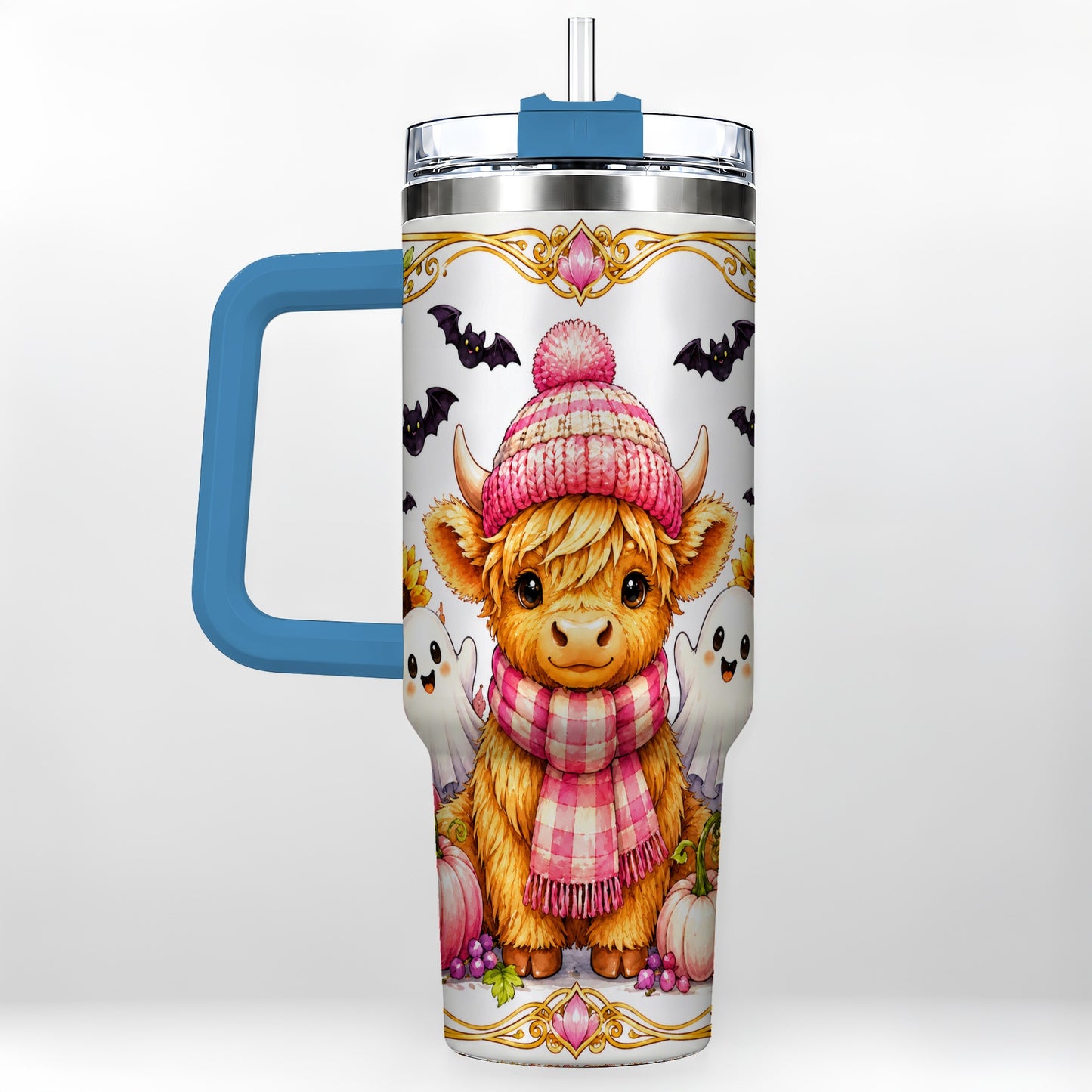 #pl[40oz|Blue] Cute Highland Cow Ghost 40oz Tumbler with Handle, Pink Pumpkin Travel Cup