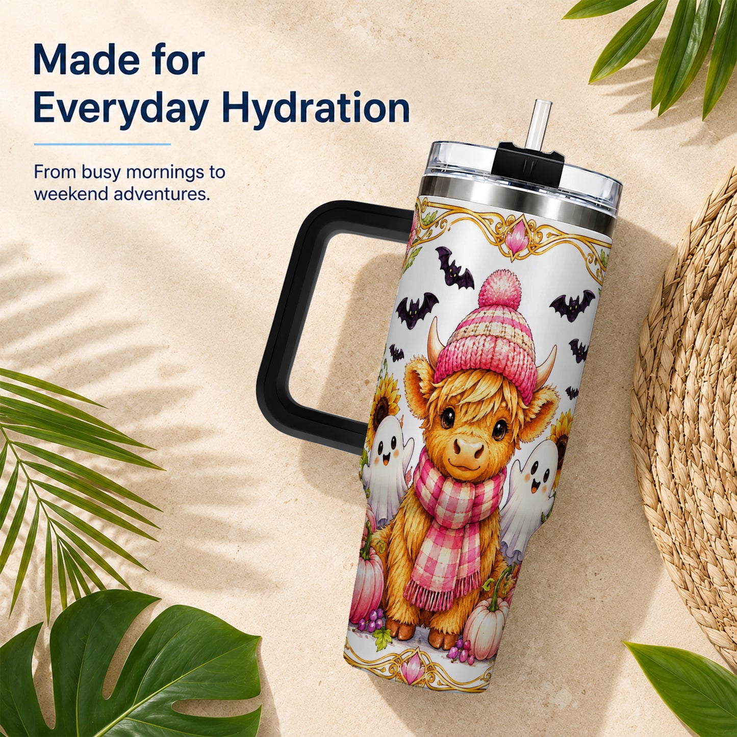 #pl[40oz|Black] Cute Highland Cow Ghost 40oz Tumbler with Handle, Pink Pumpkin Travel Cup