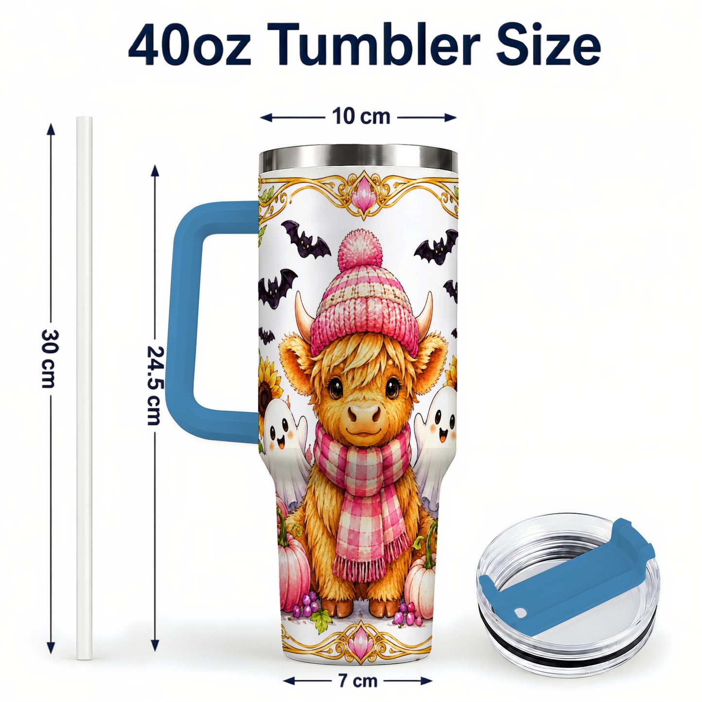 #pl[40oz|Blue] Cute Highland Cow Ghost 40oz Tumbler with Handle, Pink Pumpkin Travel Cup