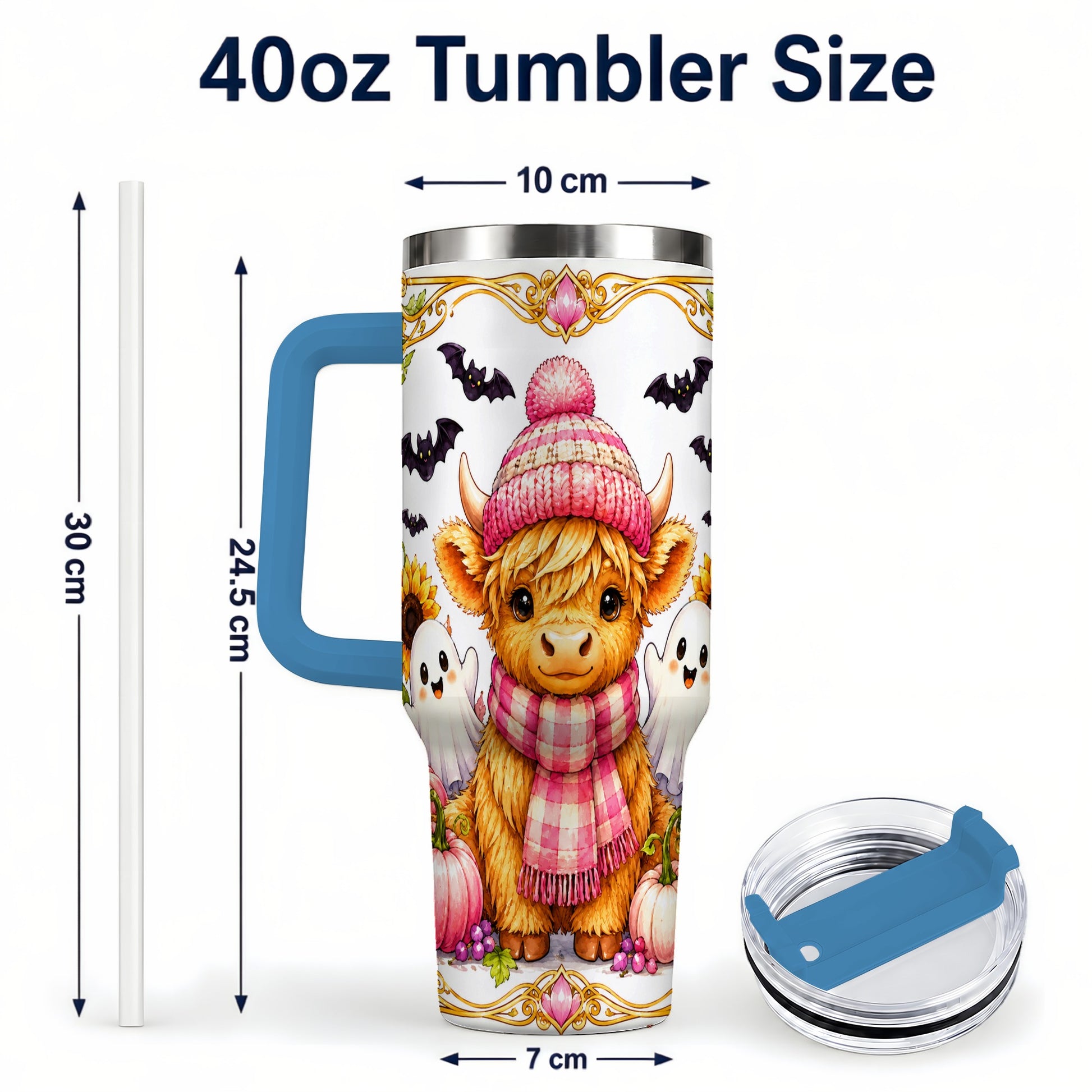 #pl[40oz|Blue] Cute Highland Cow Ghost 40oz Tumbler with Handle, Pink Pumpkin Travel Cup