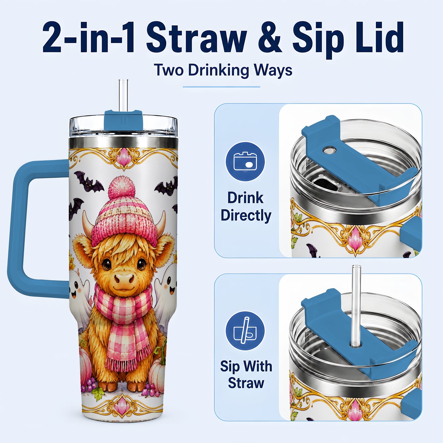 #pl[40oz|Blue] Cute Highland Cow Ghost 40oz Tumbler with Handle, Pink Pumpkin Travel Cup
