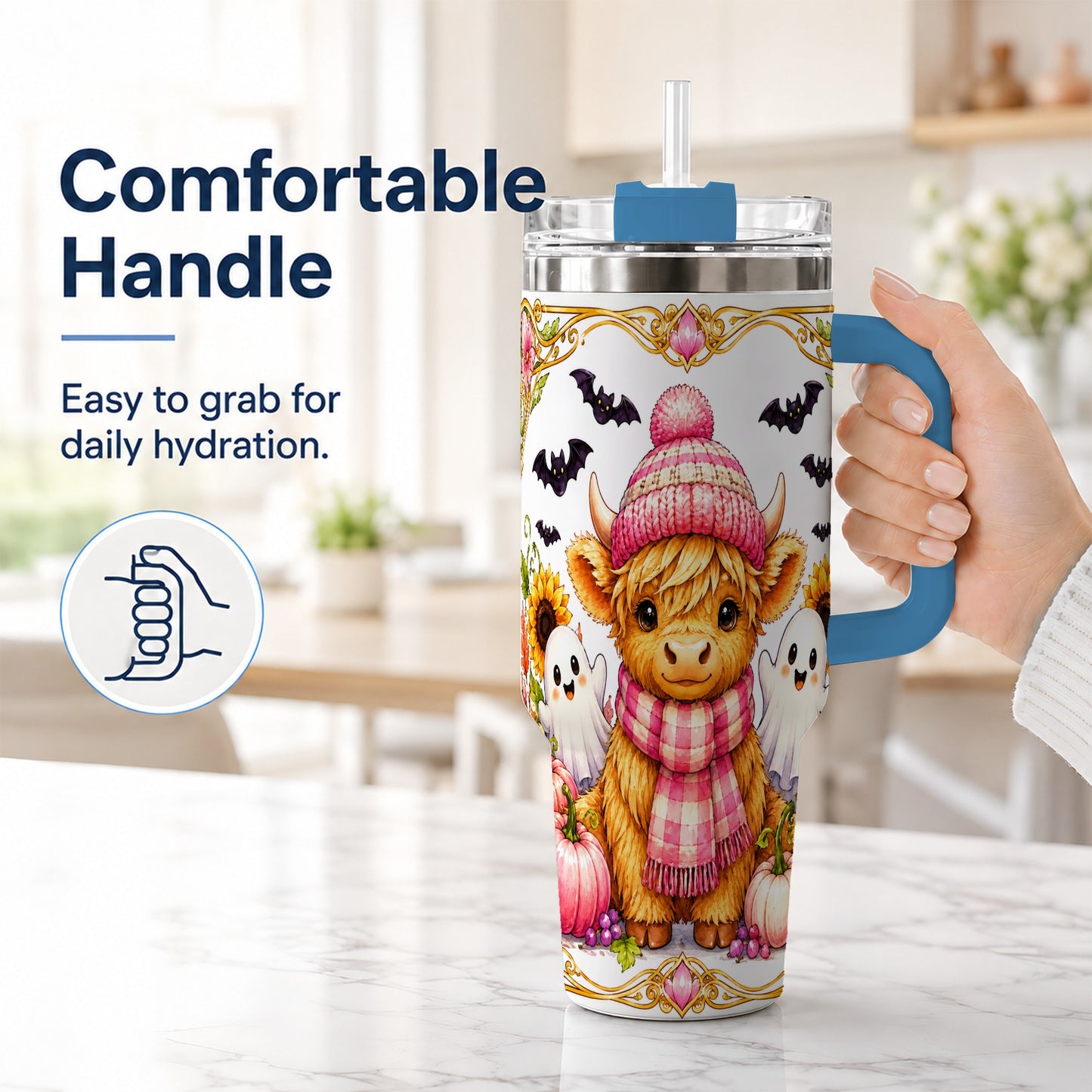 #pl[40oz|Blue] Cute Highland Cow Ghost 40oz Tumbler with Handle, Pink Pumpkin Travel Cup