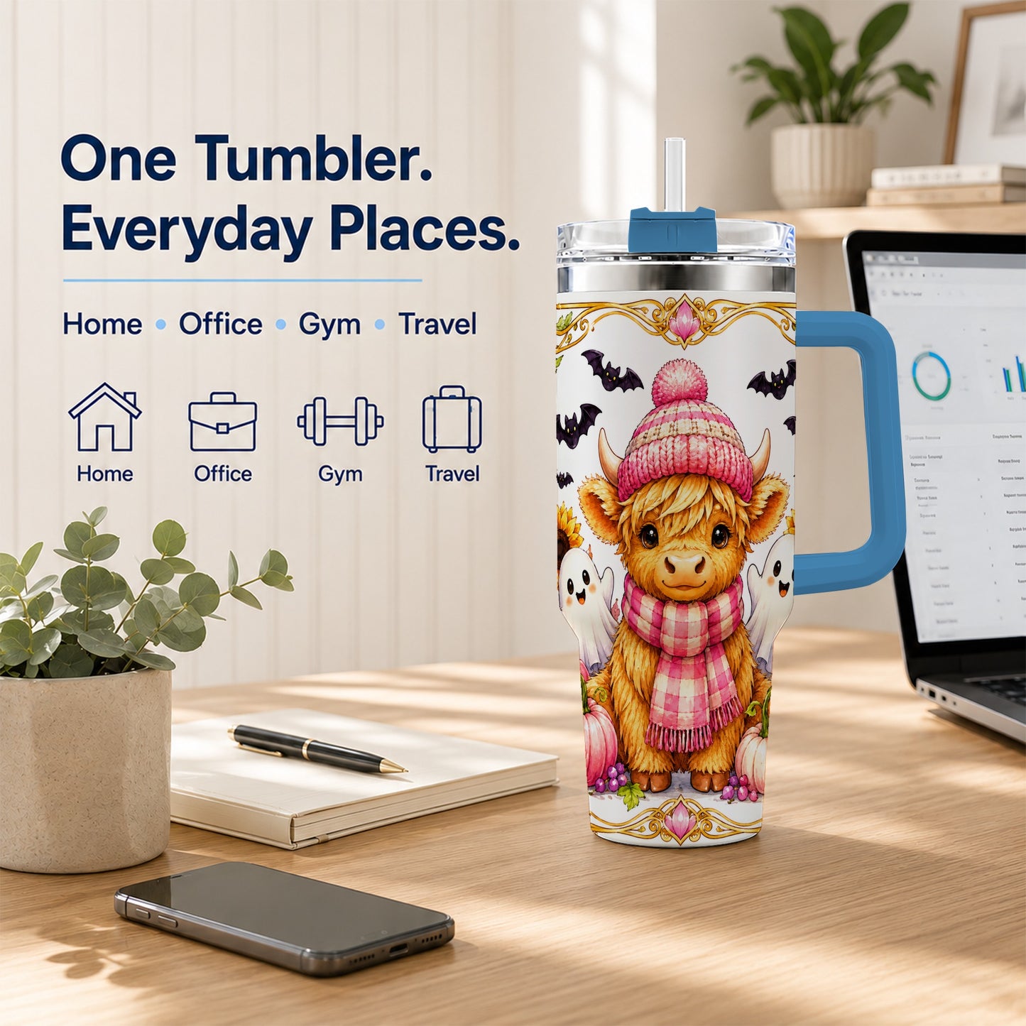 #pl[40oz|Blue] Cute Highland Cow Ghost 40oz Tumbler with Handle, Pink Pumpkin Travel Cup