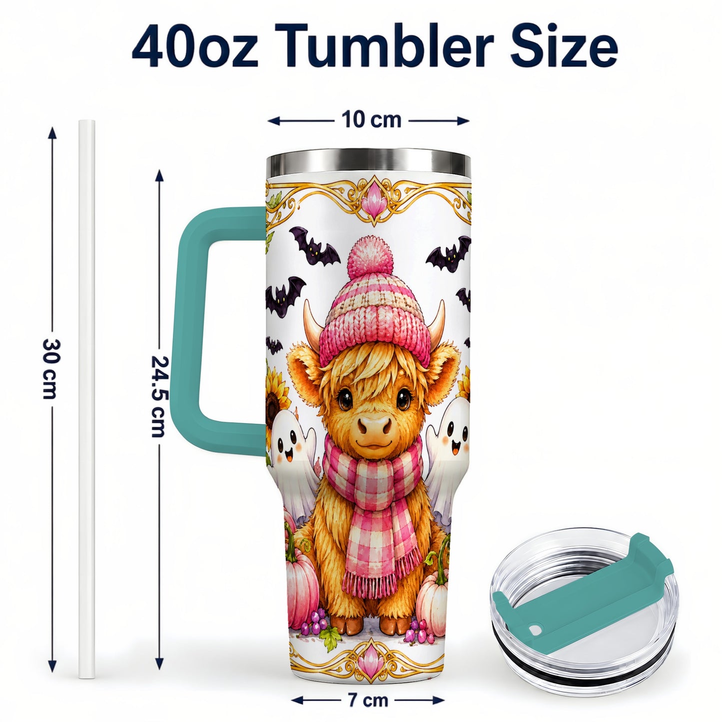 #pl[40oz|Green] Cute Highland Cow Ghost 40oz Tumbler with Handle, Pink Pumpkin Travel Cup