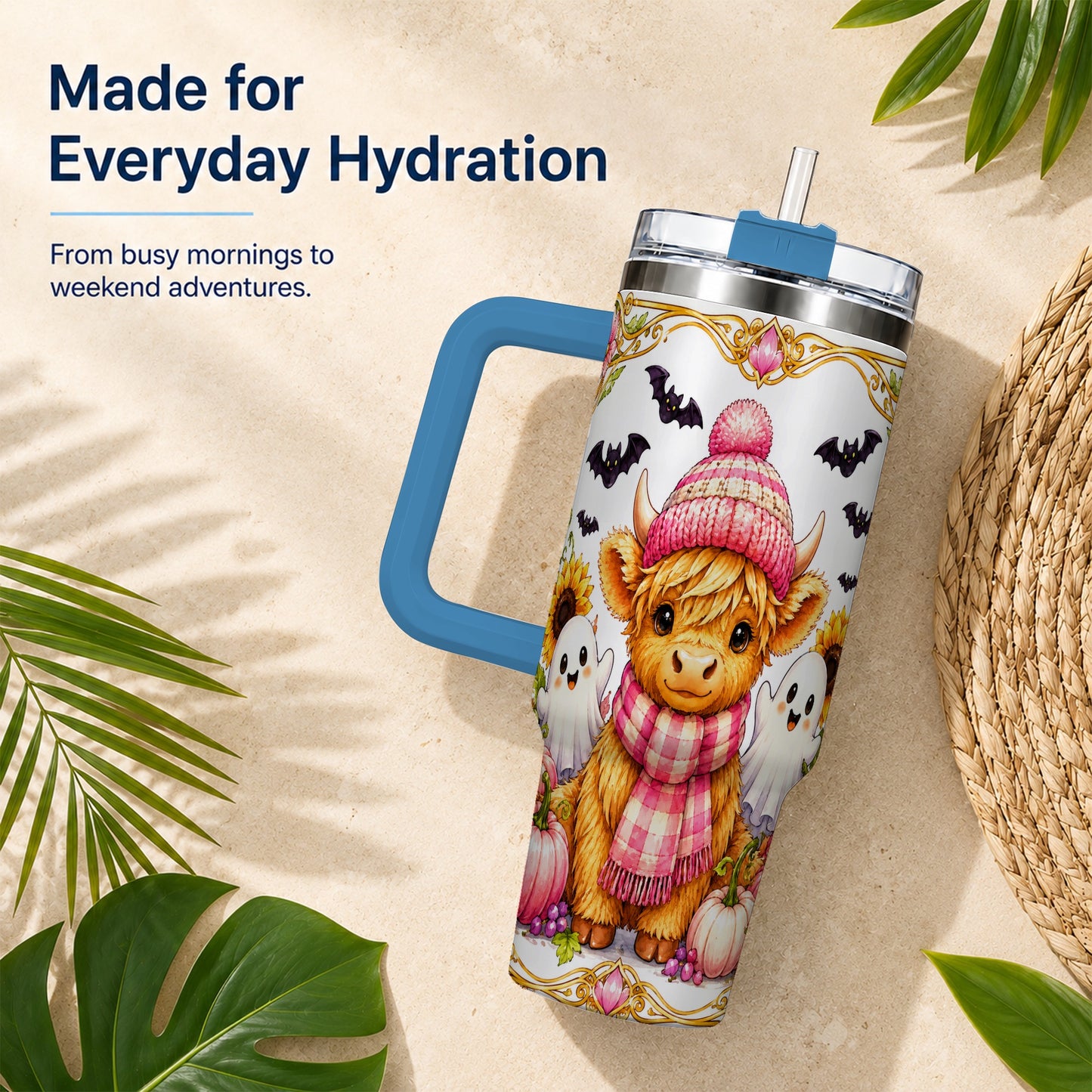 #pl[40oz|Blue] Cute Highland Cow Ghost 40oz Tumbler with Handle, Pink Pumpkin Travel Cup
