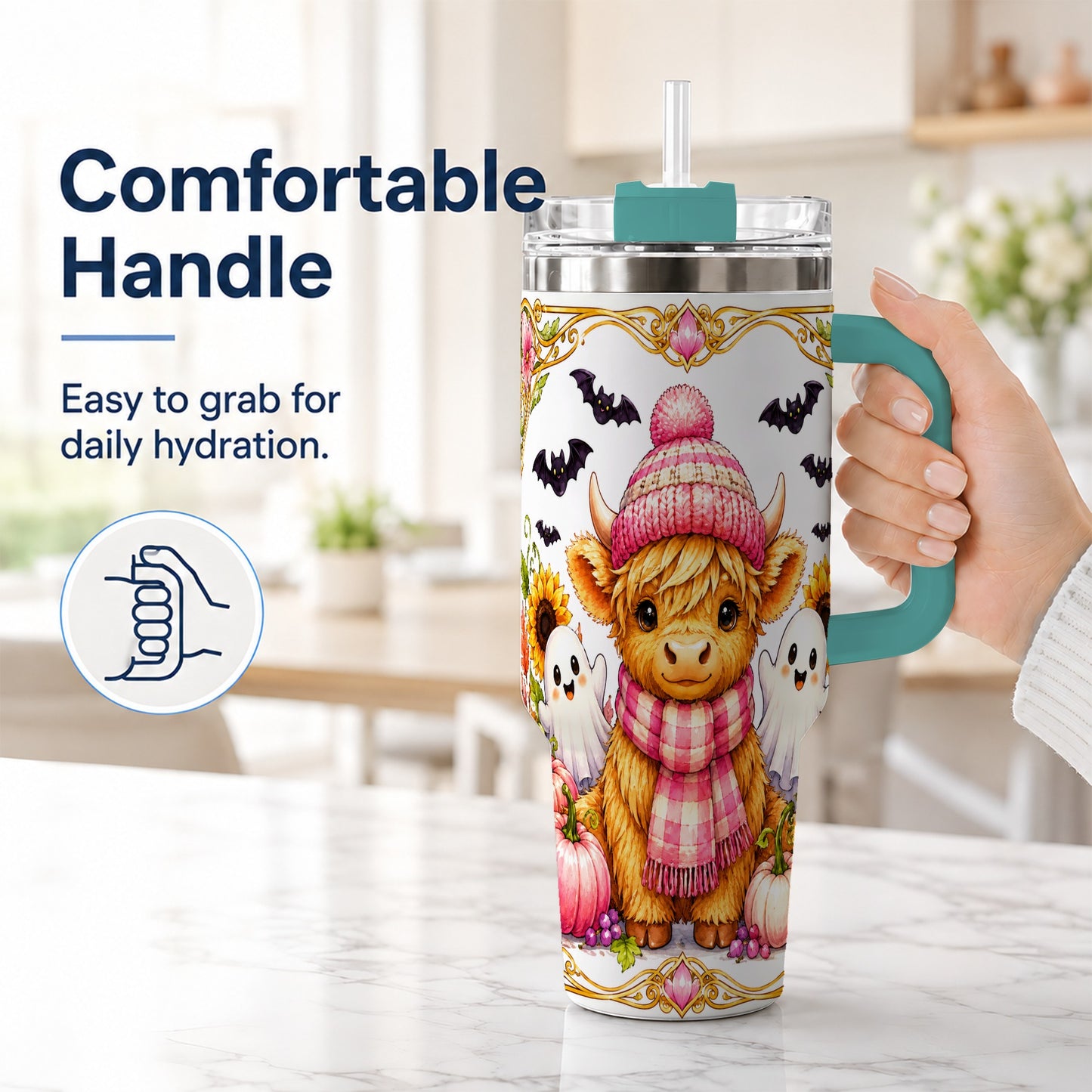#pl[40oz|Green] Cute Highland Cow Ghost 40oz Tumbler with Handle, Pink Pumpkin Travel Cup
