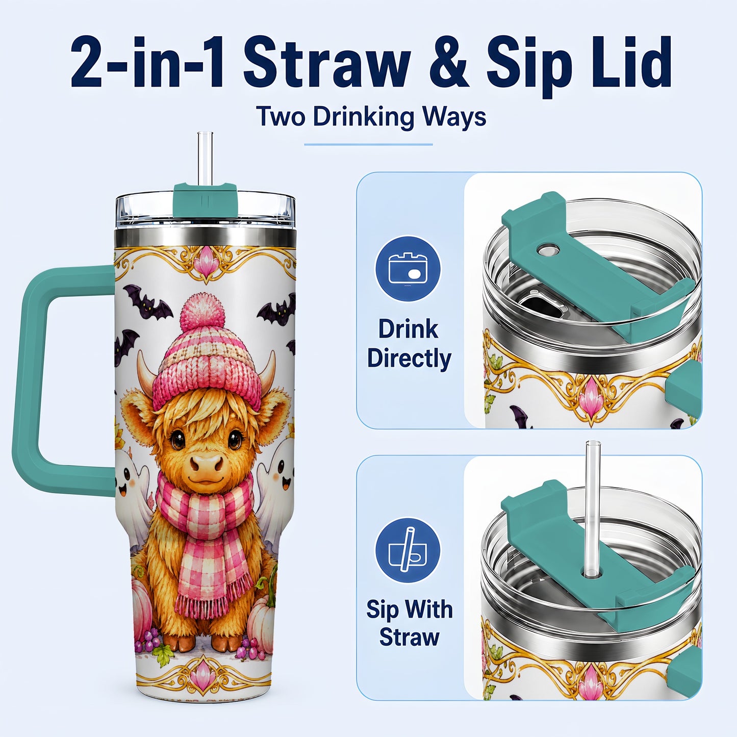 #pl[40oz|Green] Cute Highland Cow Ghost 40oz Tumbler with Handle, Pink Pumpkin Travel Cup