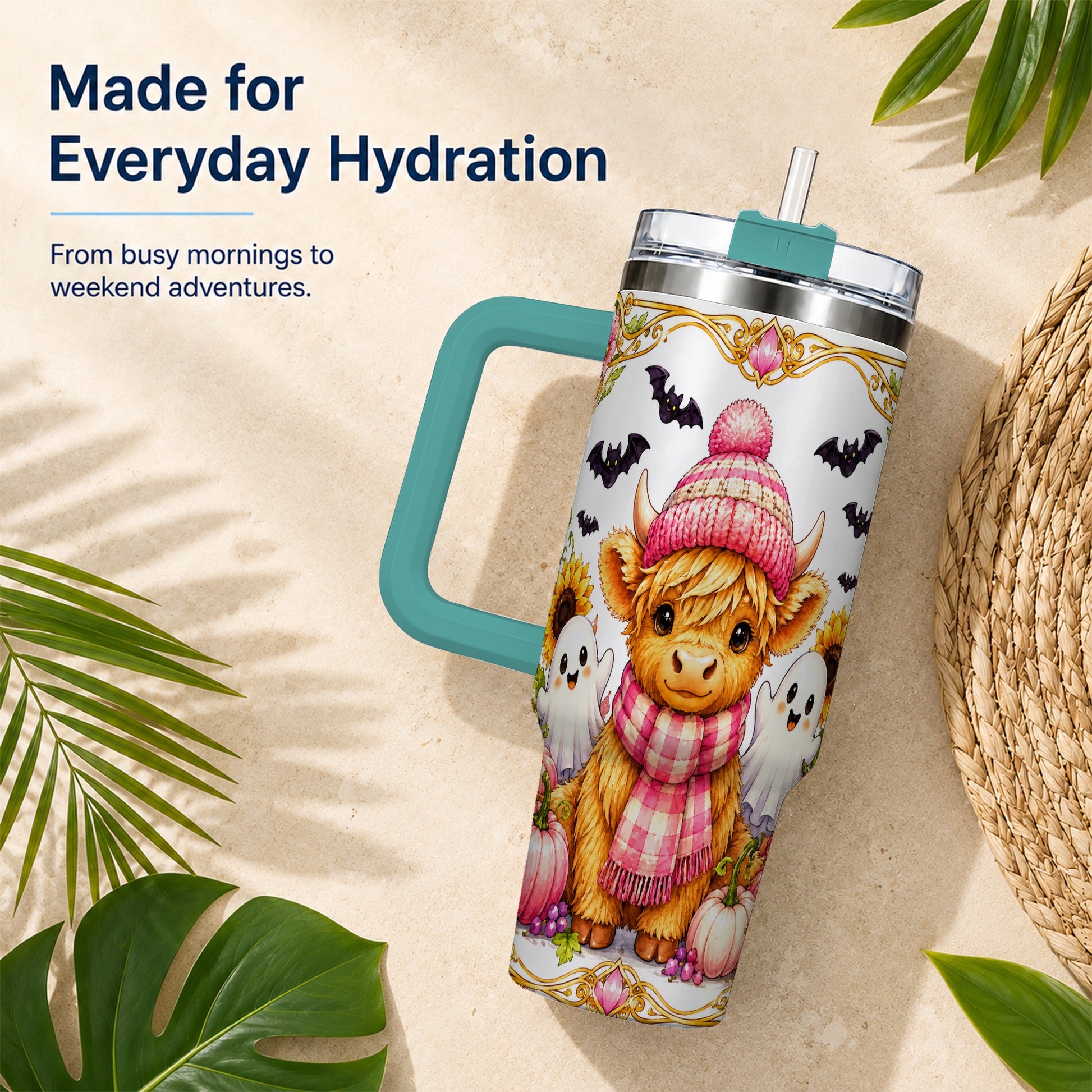 #pl[40oz|Green] Cute Highland Cow Ghost 40oz Tumbler with Handle, Pink Pumpkin Travel Cup