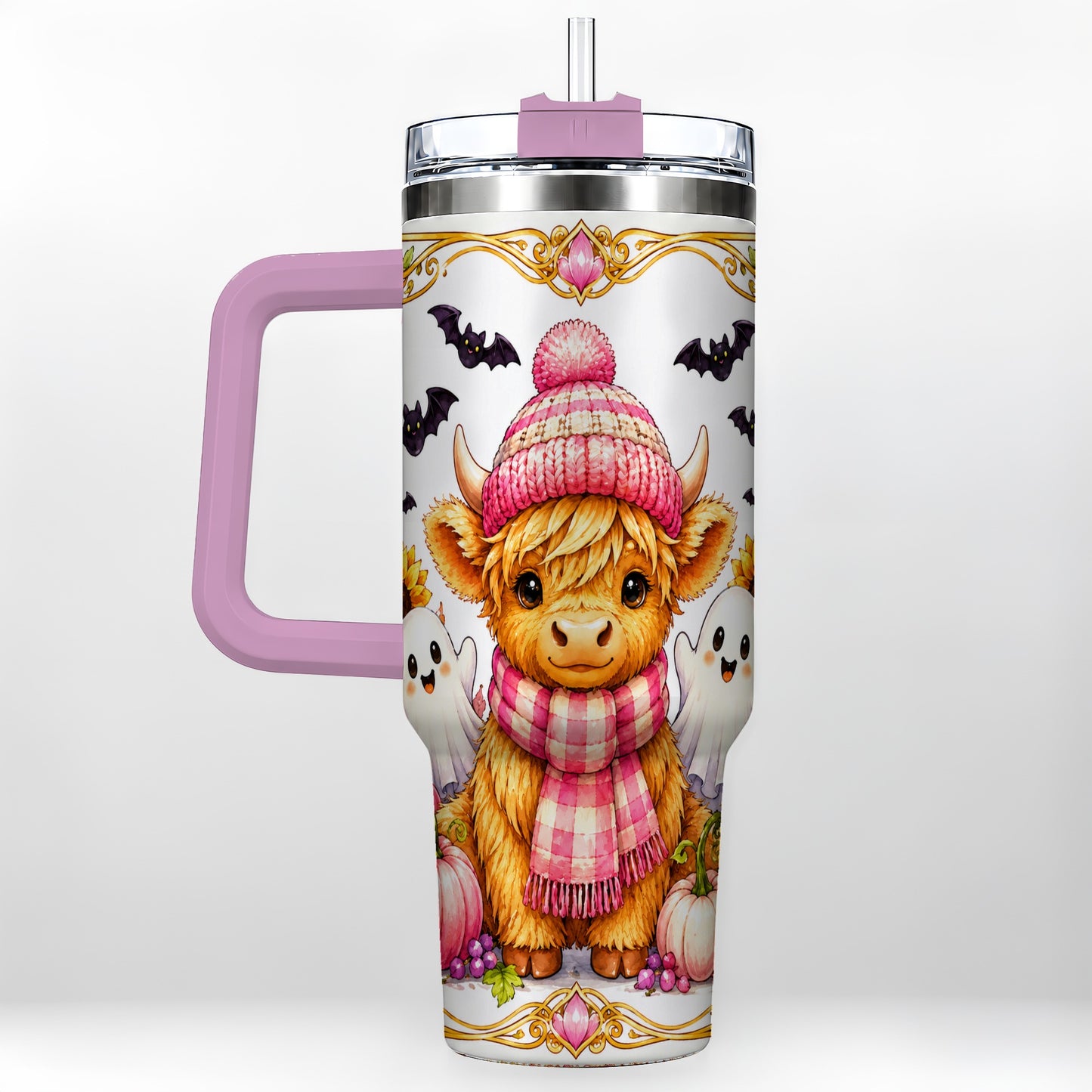 #pl[40oz|Pink] Cute Highland Cow Ghost 40oz Tumbler with Handle, Pink Pumpkin Travel Cup