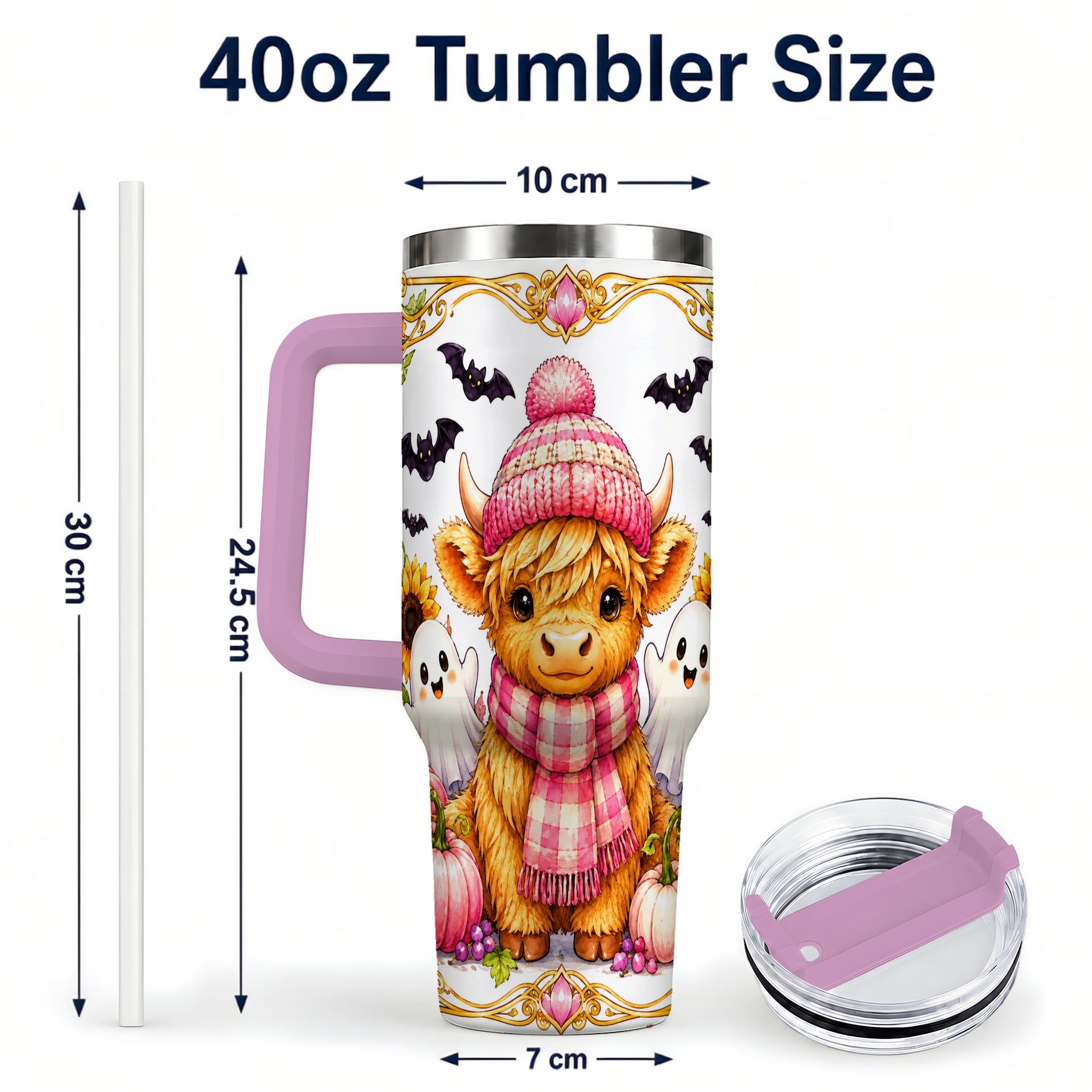 #pl[40oz|Pink] Cute Highland Cow Ghost 40oz Tumbler with Handle, Pink Pumpkin Travel Cup