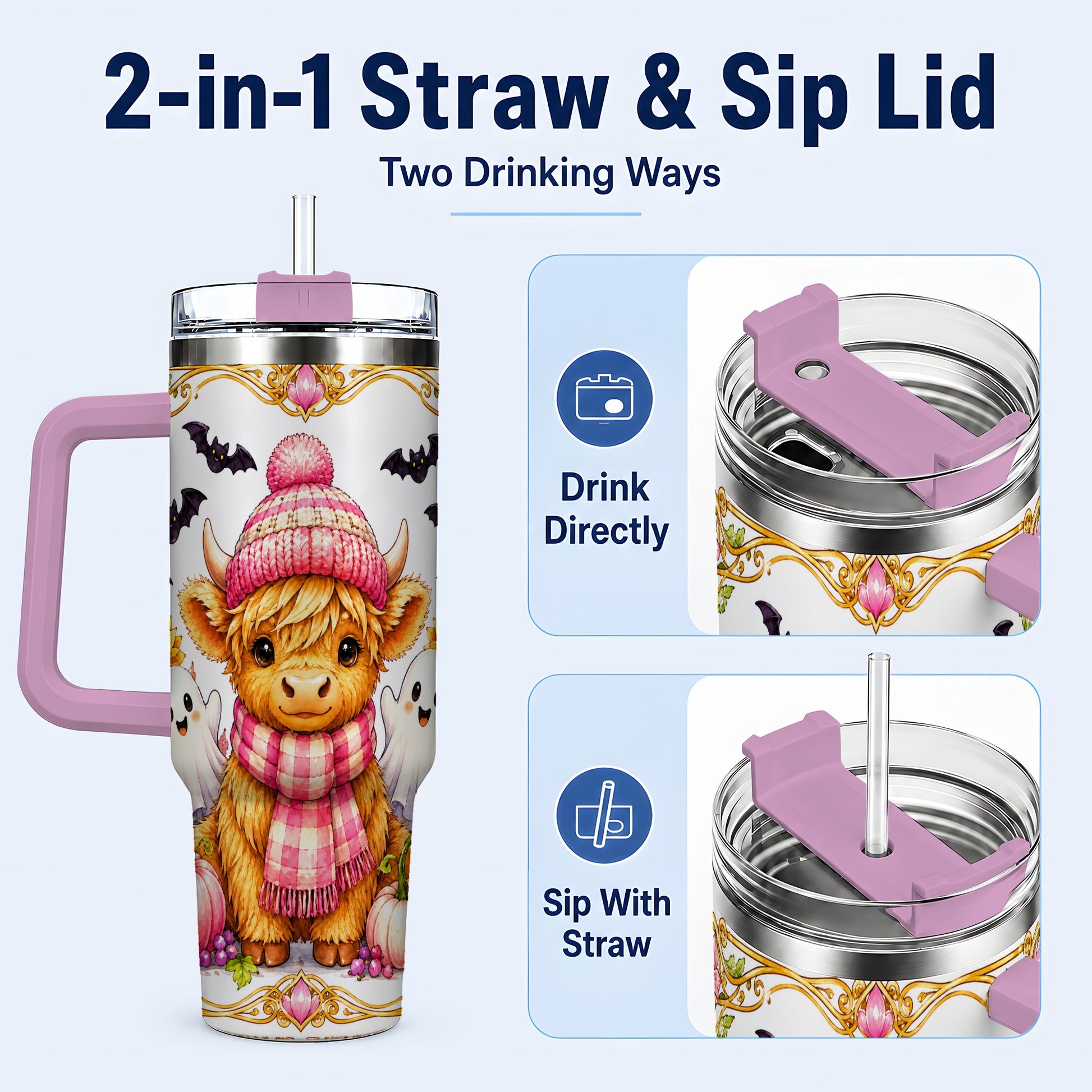 #pl[40oz|Pink] Cute Highland Cow Ghost 40oz Tumbler with Handle, Pink Pumpkin Travel Cup