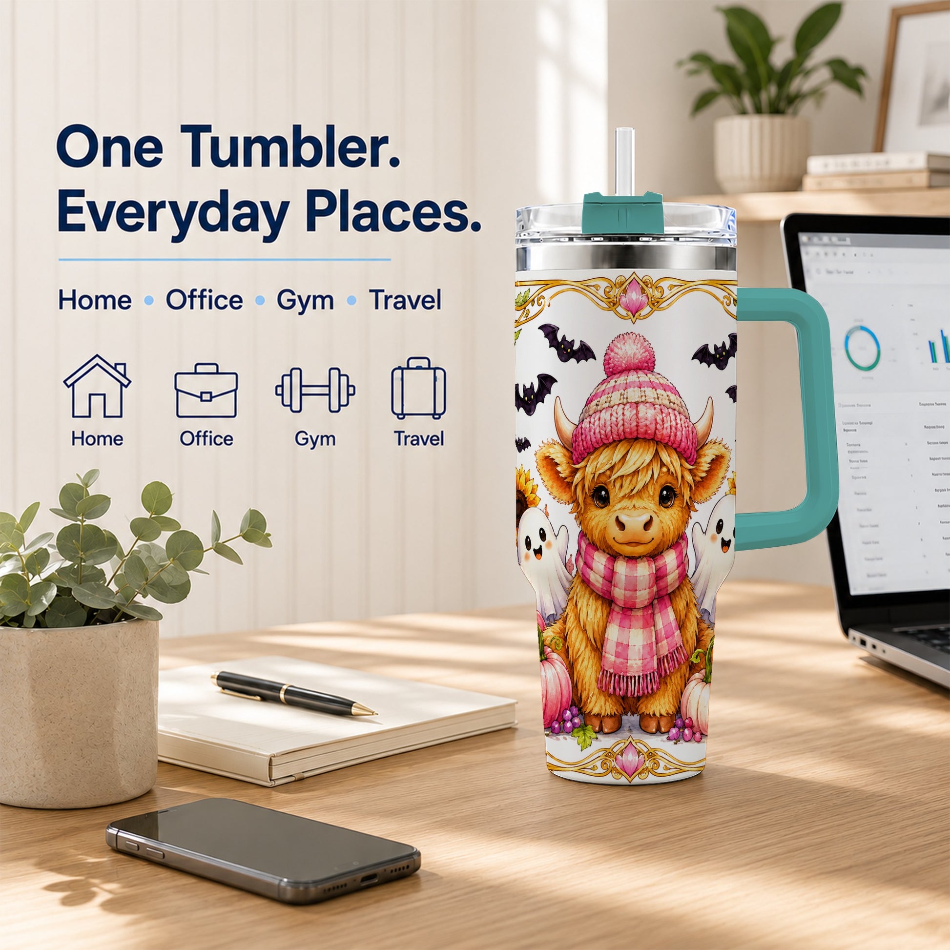 #pl[40oz|Green] Cute Highland Cow Ghost 40oz Tumbler with Handle, Pink Pumpkin Travel Cup