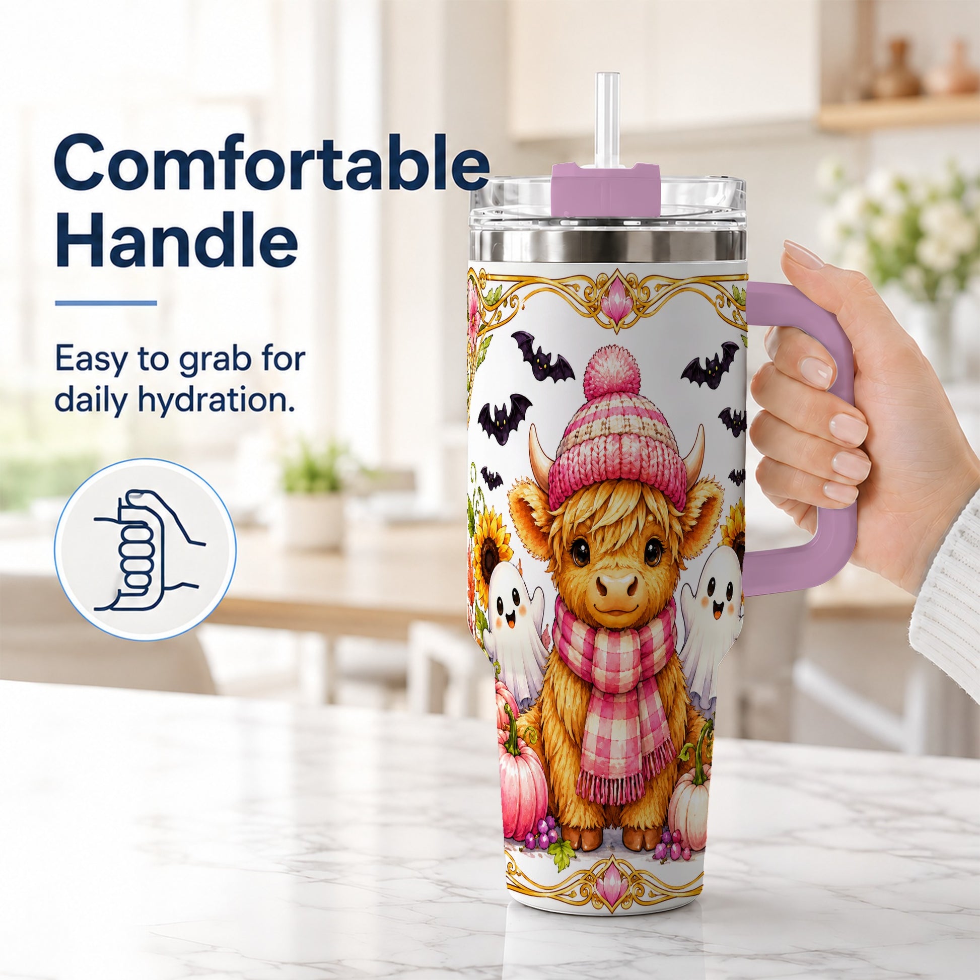 #pl[40oz|Pink] Cute Highland Cow Ghost 40oz Tumbler with Handle, Pink Pumpkin Travel Cup